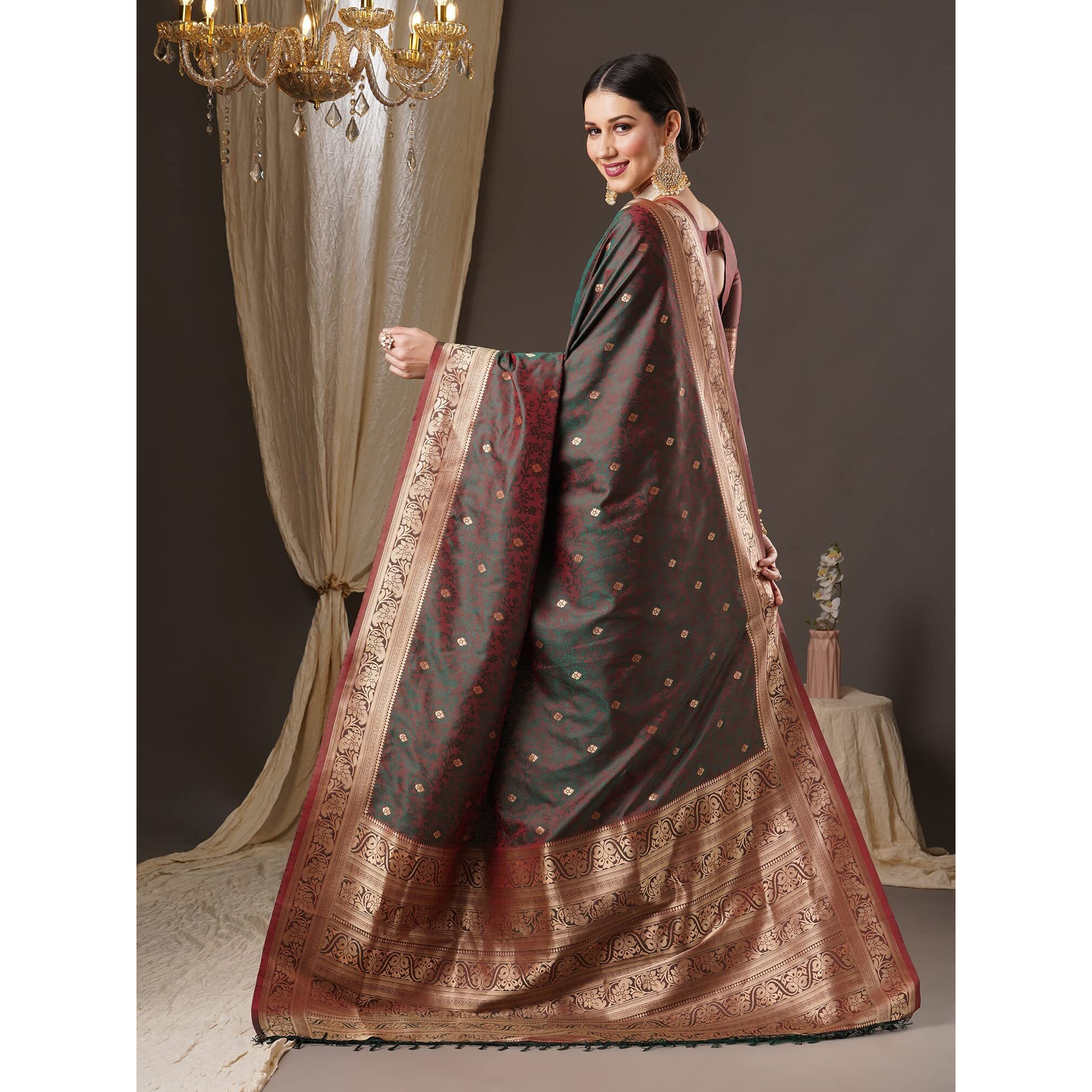 AKHILAM Womens Botanical Silk Blend Woven Design Saree With Unstitched Blouse Piece (Brown_13PAKHI1404)