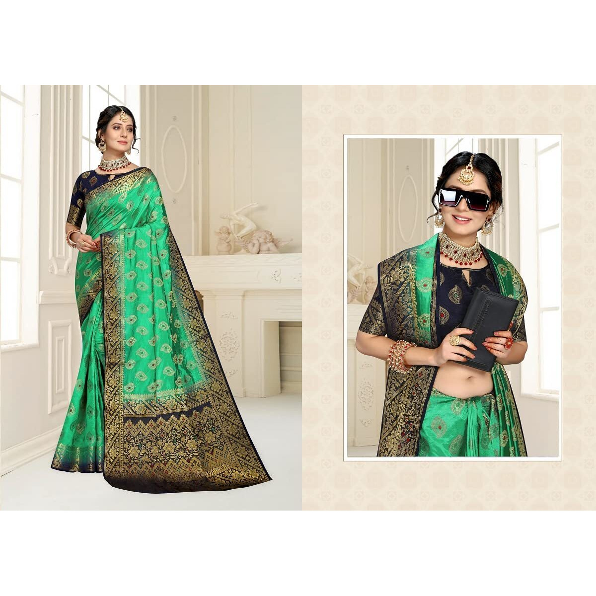 iZibra Kanjivaram Silk Saree Wedding Cotton Soft Sarees for Women Banarasi Sadi Original Kanchipuram Pure Pattu Sari with blouse piece 2023(Rajnigandha)(Green)