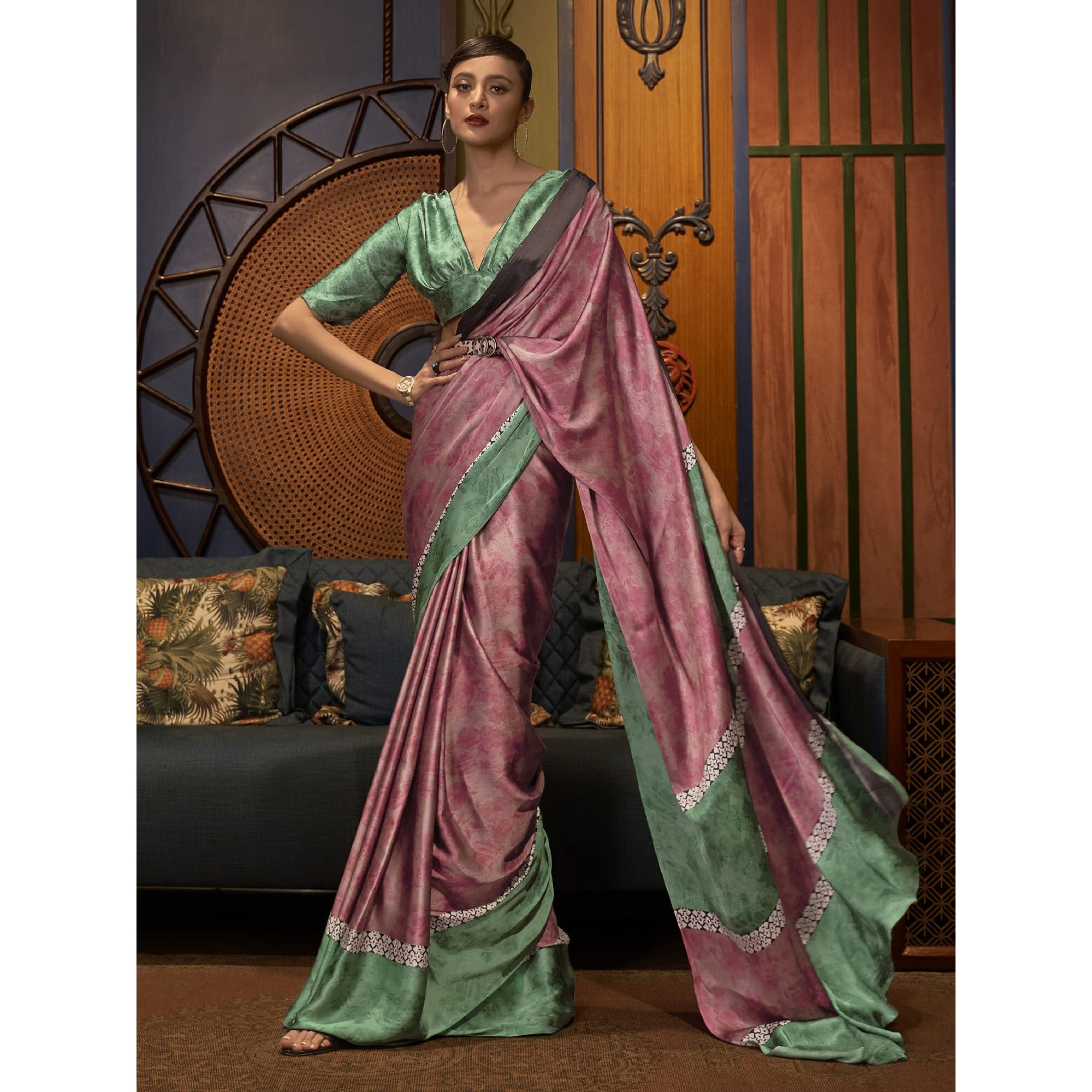 AKHILAM Womens Abstract Crepe Printed Saree With Unstitched Blouse Piece (Mauve_KLZE246003_RJ)