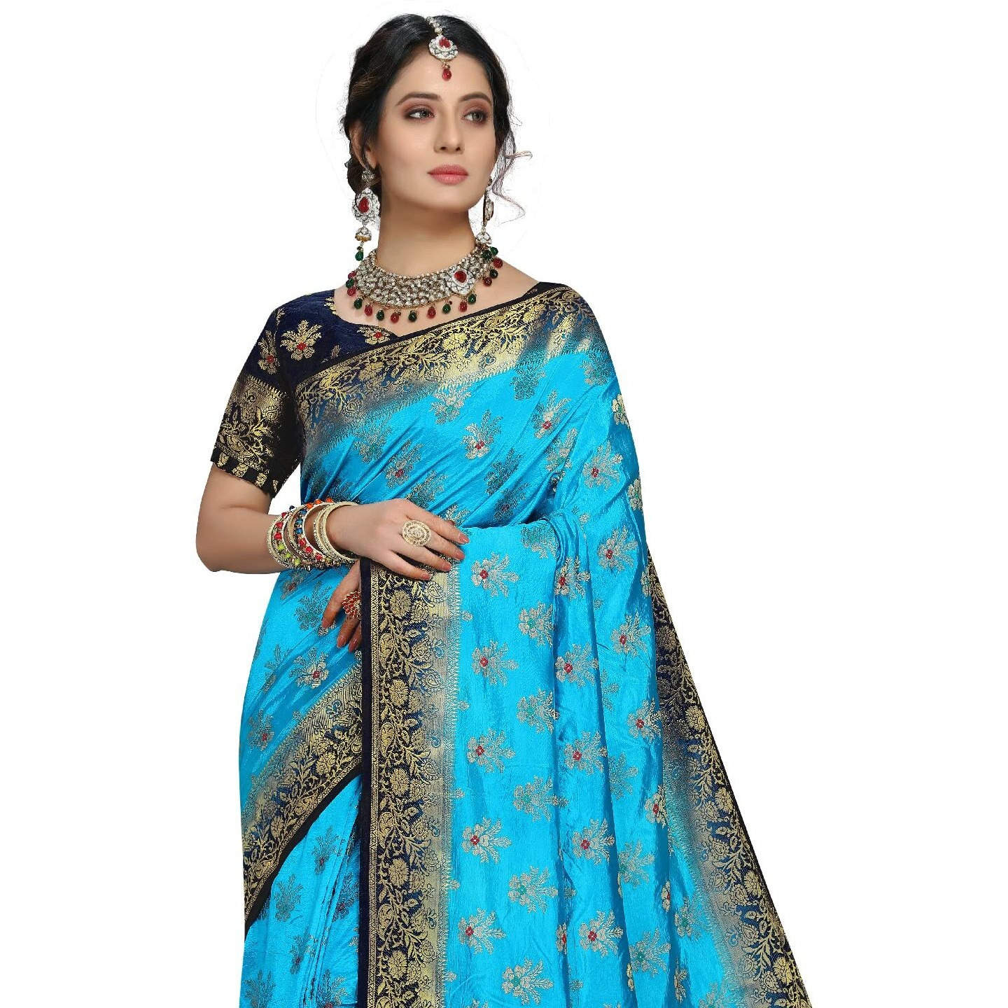 iZibra Kanjivaram Silk Saree Wedding Sarees for Women Banarasi Original Kanchipuram Pure Sadi Pattu Sari With Blouse Piece 2023(Barmasi)(Skyblue)