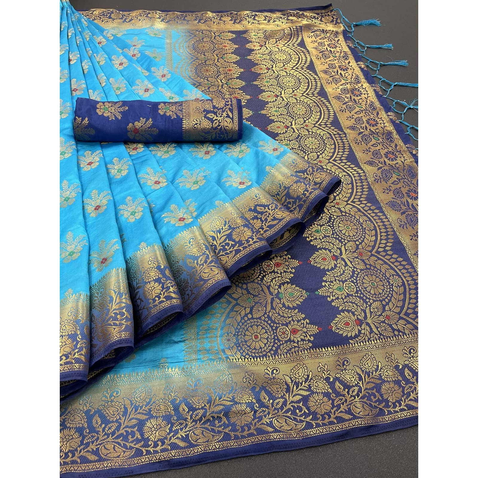 iZibra Kanjivaram Silk Saree Wedding Sarees for Women Banarasi Original Kanchipuram Pure Sadi Pattu Sari With Blouse Piece 2023(Barmasi)(Skyblue)