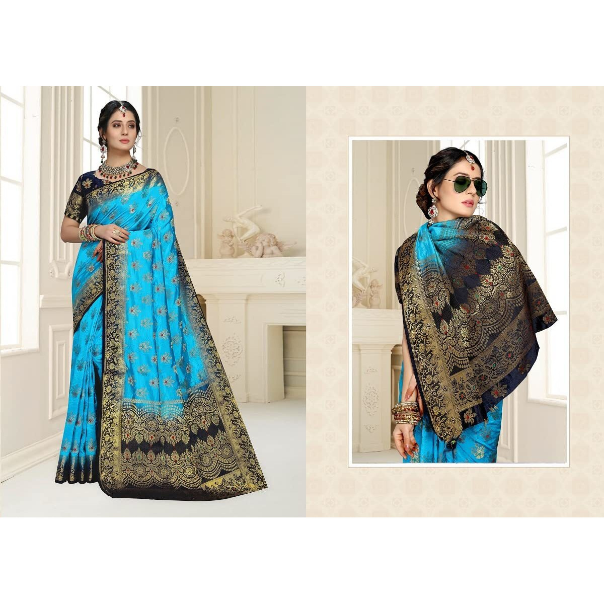 iZibra Kanjivaram Silk Saree Wedding Sarees for Women Banarasi Original Kanchipuram Pure Sadi Pattu Sari With Blouse Piece 2023(Barmasi)(Skyblue)