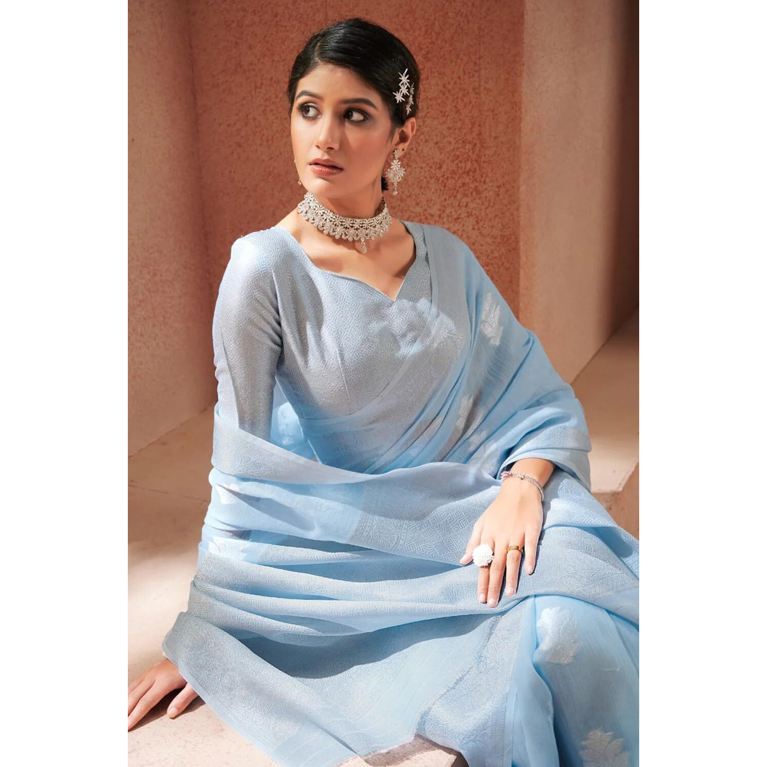 SWORNOF Womens Pure Silk Saree With Blouse Piece (SKY BLUE-2)