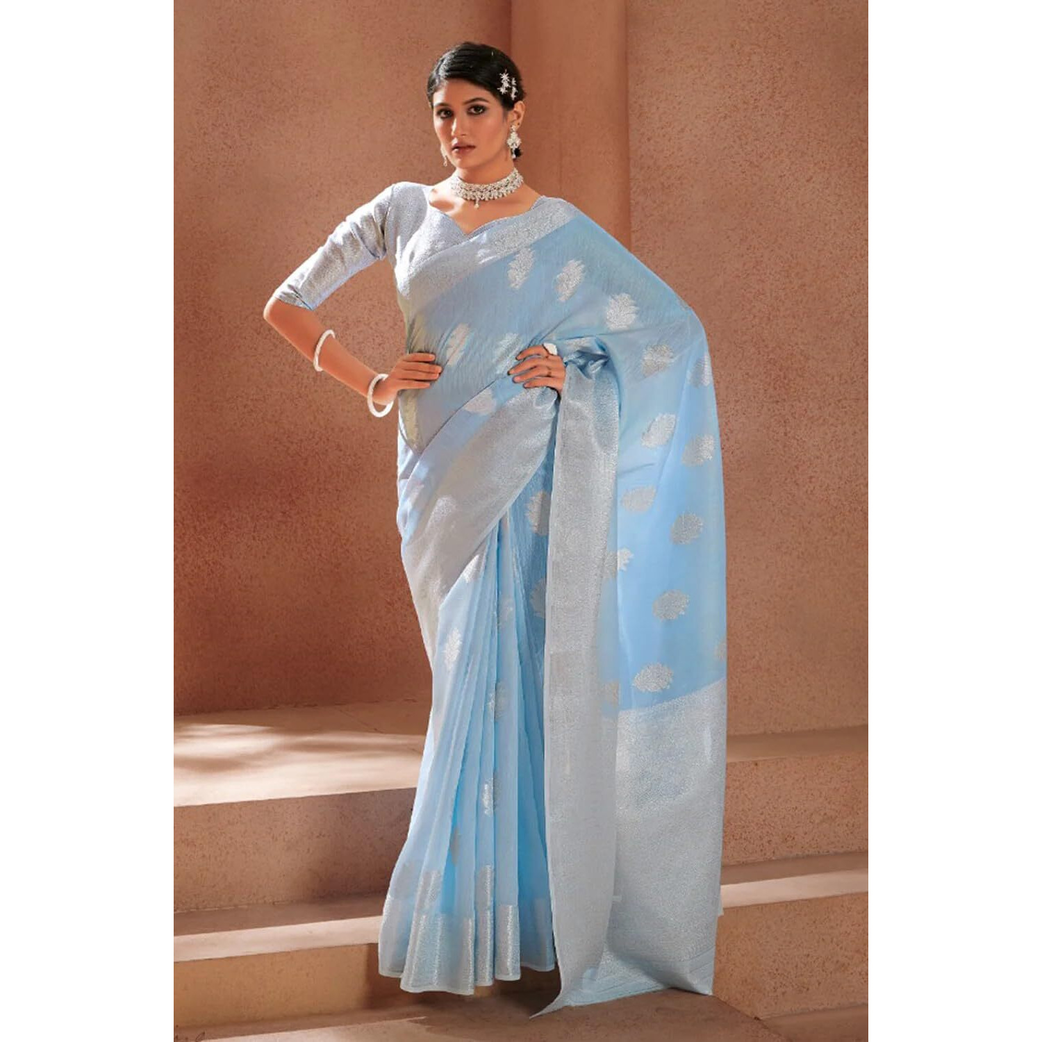 SWORNOF Womens Pure Silk Saree With Blouse Piece (SKY BLUE-2)