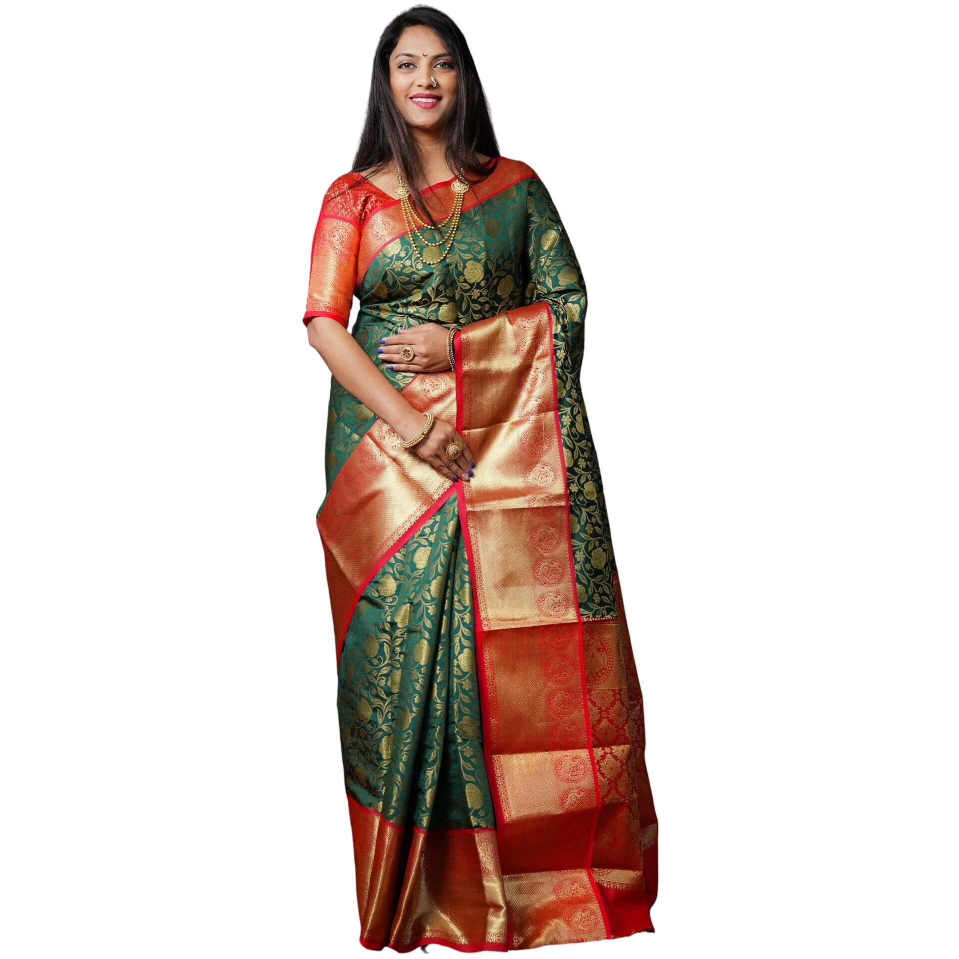 AMIRAT CLOTHING Banarsi Wedding And Designer Look Litchi Silk Saree With Unstiched Blouse Piece (Olive Green)