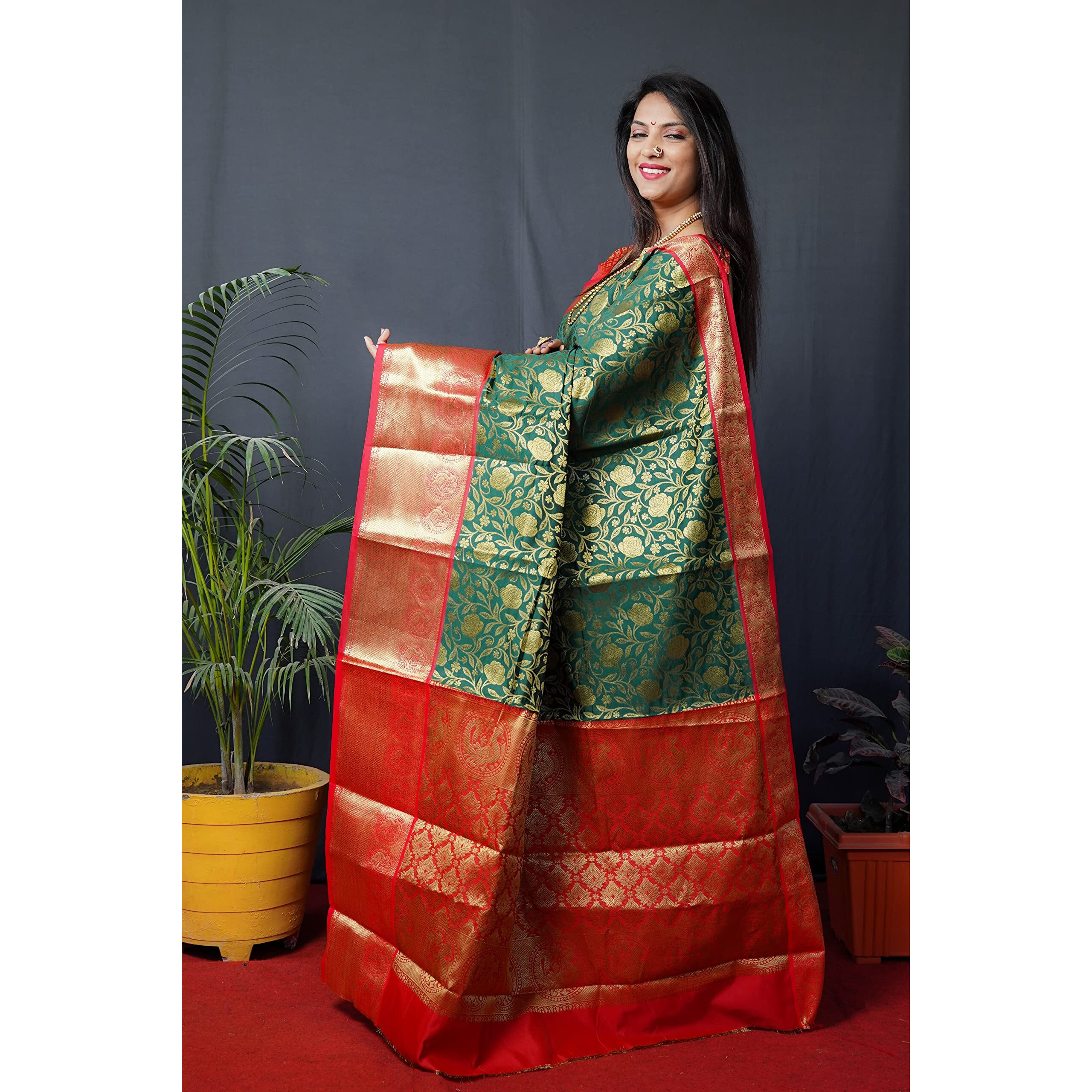 AMIRAT CLOTHING Banarsi Wedding And Designer Look Litchi Silk Saree With Unstiched Blouse Piece (Olive Green)