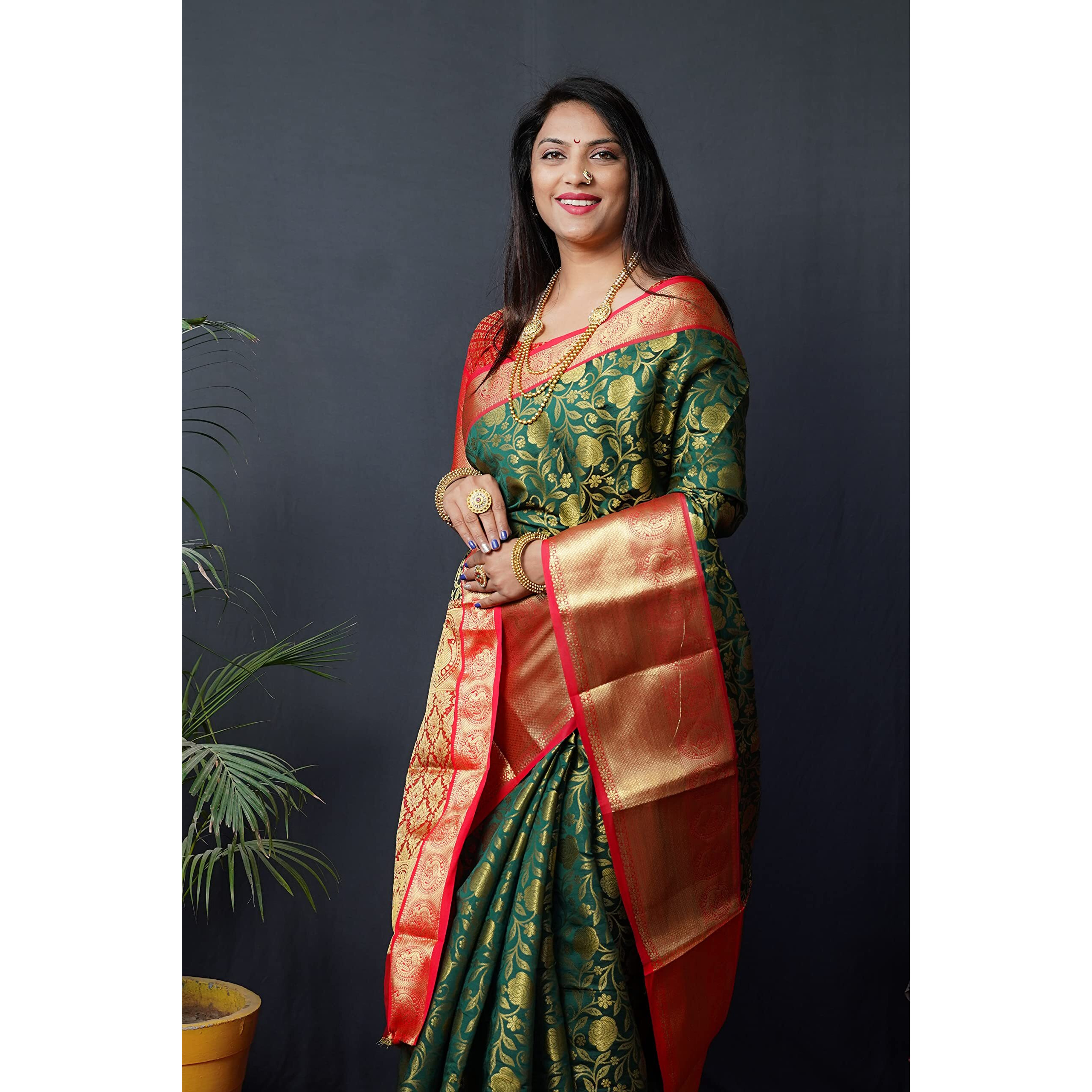 AMIRAT CLOTHING Banarsi Wedding And Designer Look Litchi Silk Saree With Unstiched Blouse Piece (Olive Green)