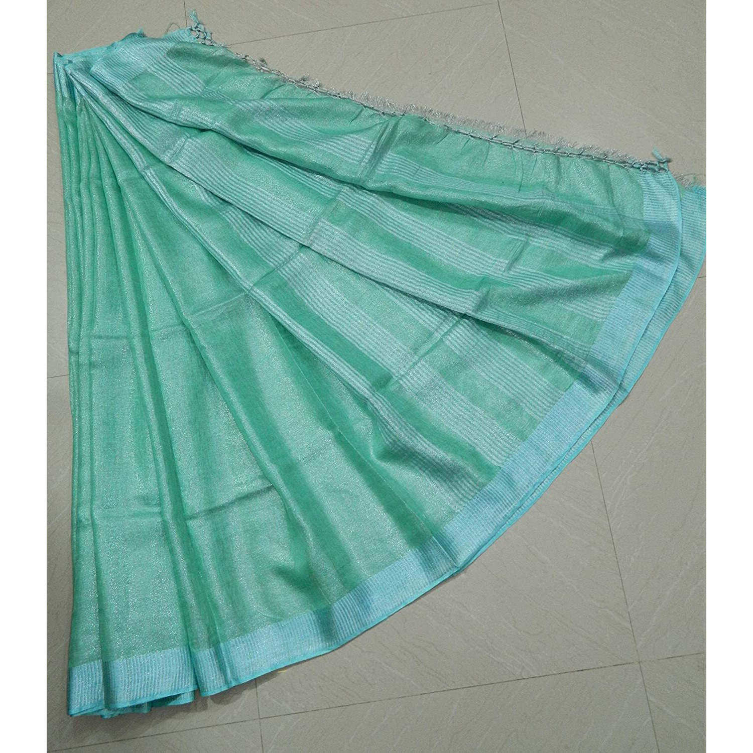 HAIDER ALI AND SONS Pure Tissue Linen Ethnic Wear Saree For Womens (With Blouse_01) (Firoza), Green