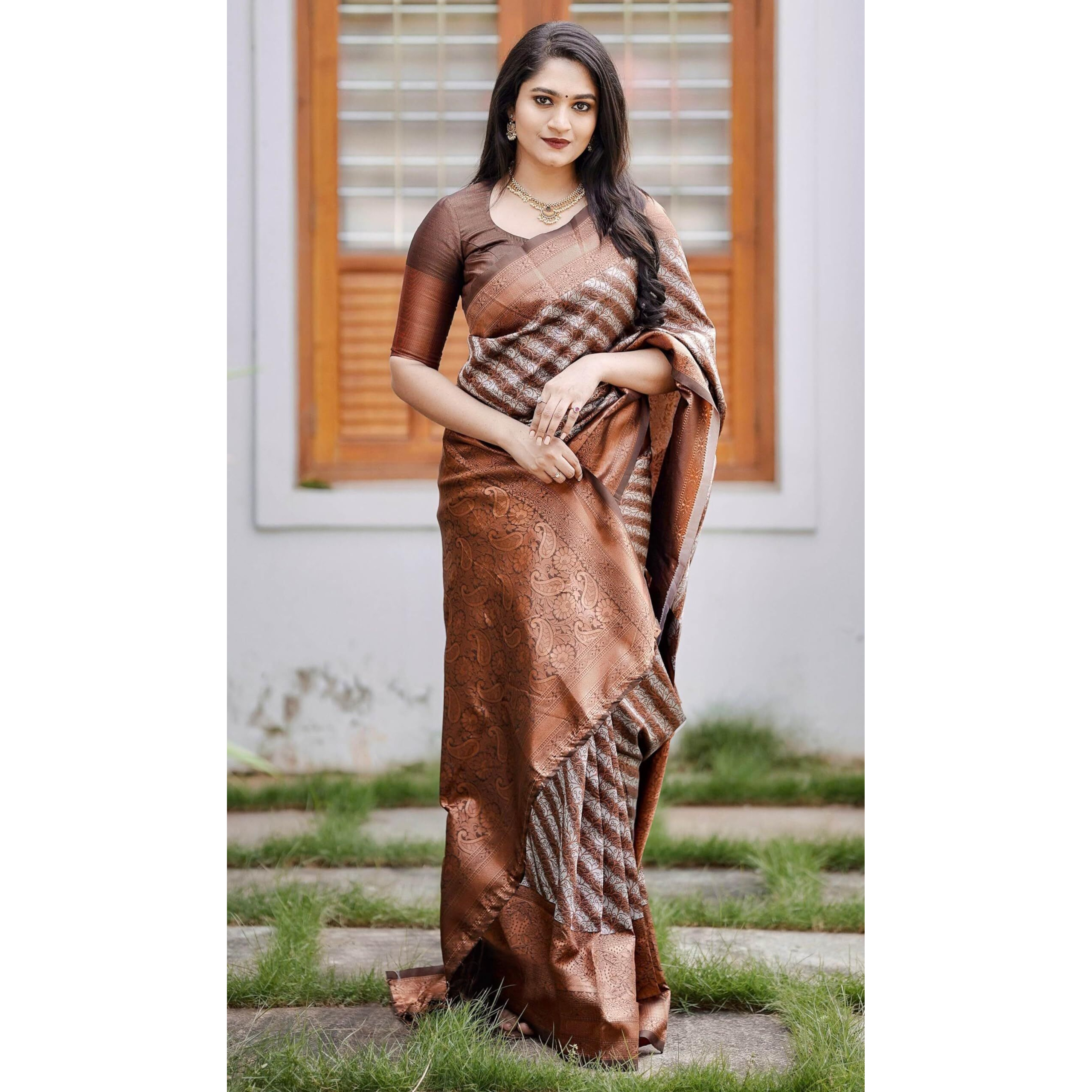 Sugathari Brown Womens Kanchipuram Art Silk Saree With Blouse Piece (KANCHIPURAM 2010 BROWN)