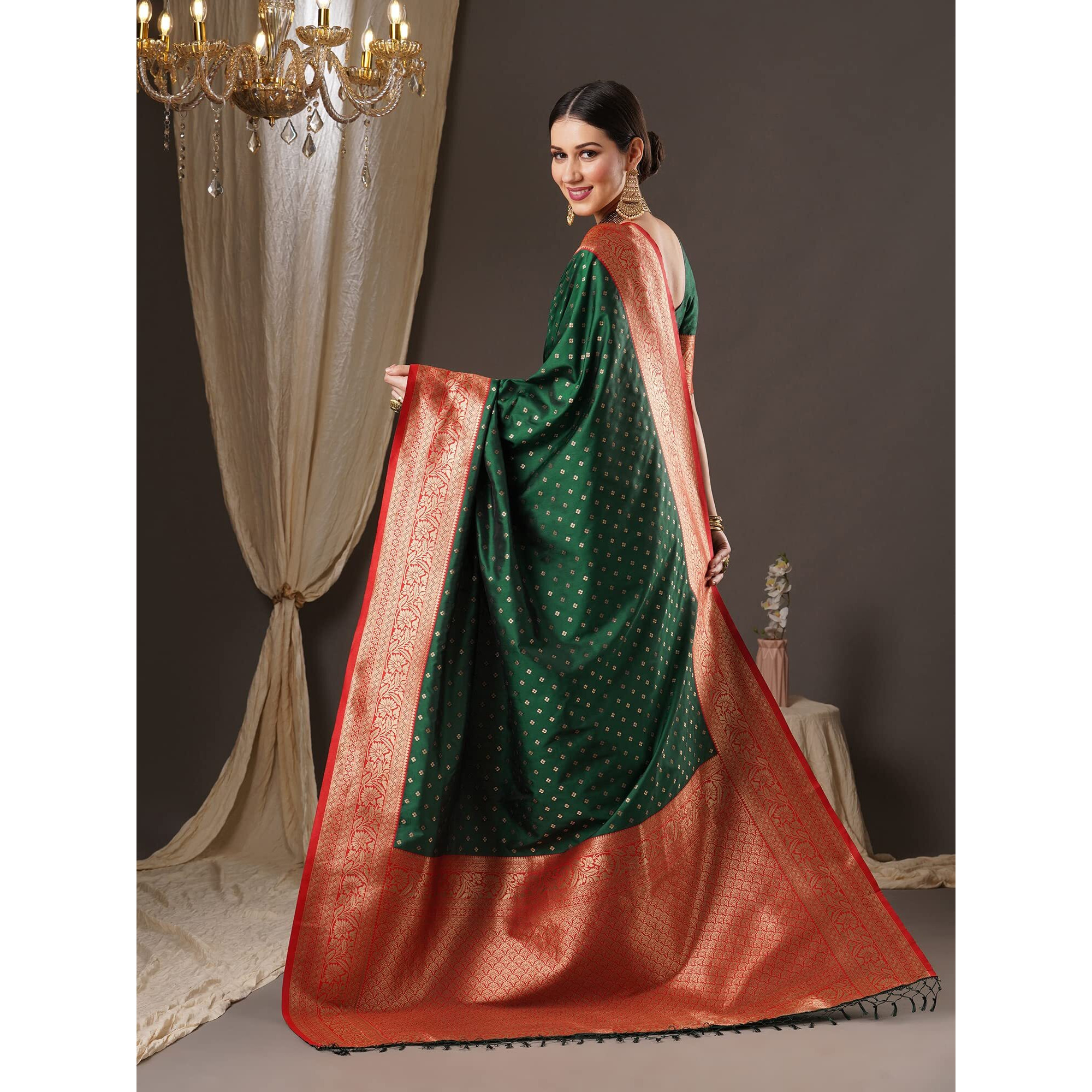 AKHILAM Womens Ethnic Motif Silk Blend Woven Design Saree With Unstitched Blouse Piece (Green_13PAKHI1401)