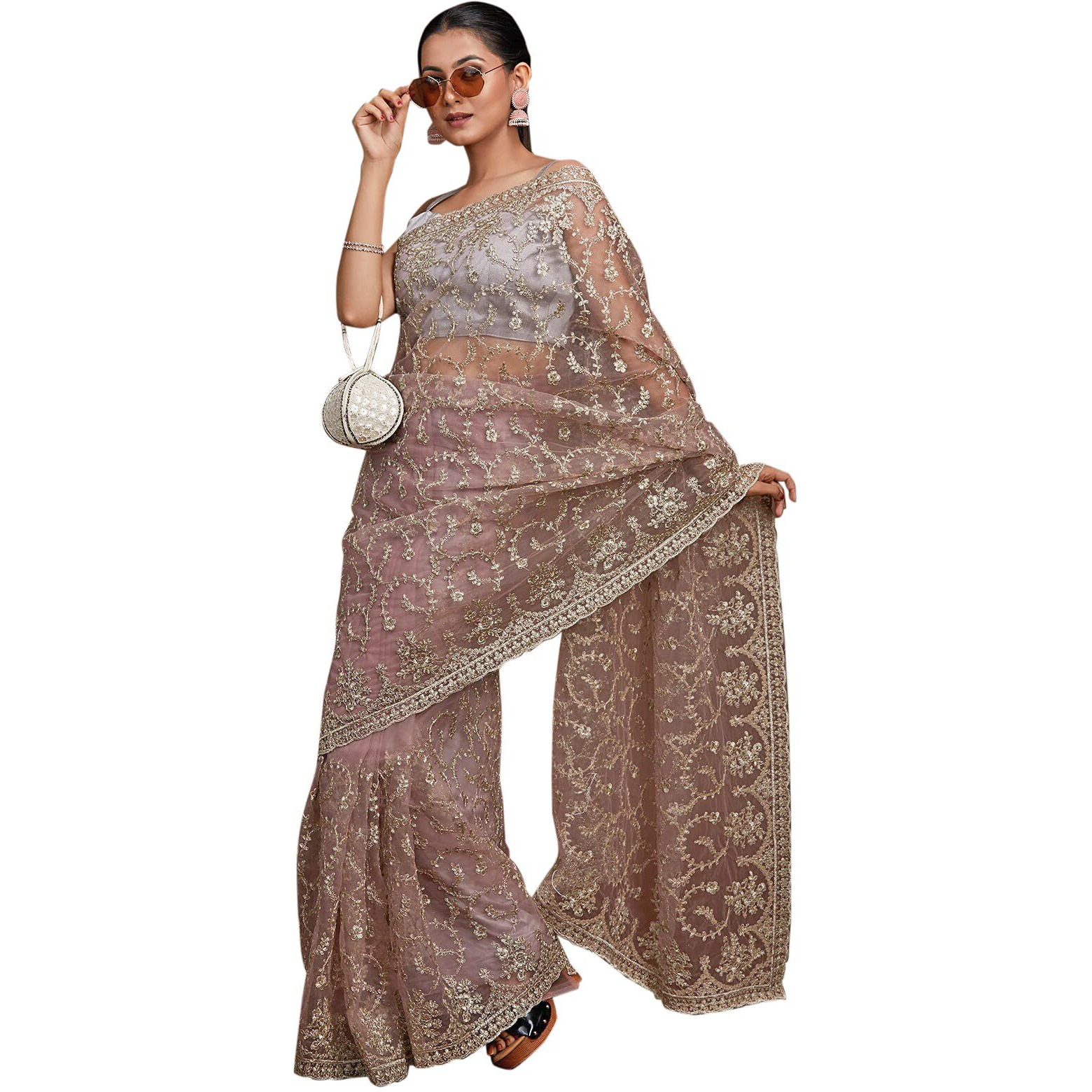 TRENDMALLS Womens Net Embroidery Saree with Blouse Piece (K1083-Grey)