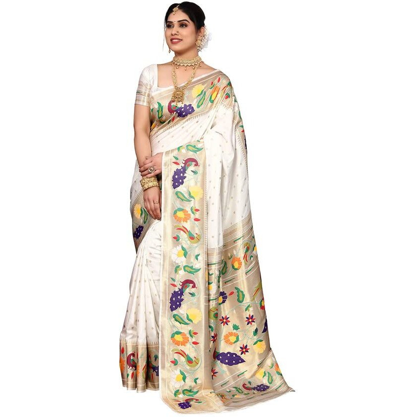 SIRIL Womens Paithani Jacquard Poly Silk Saree with Unstitched Blouse(2909S5286_White, Gold)