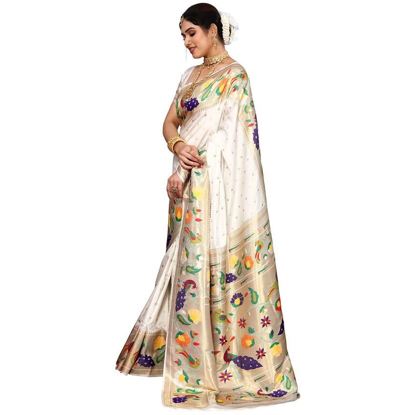 SIRIL Womens Paithani Jacquard Poly Silk Saree with Unstitched Blouse(2909S5286_White, Gold)