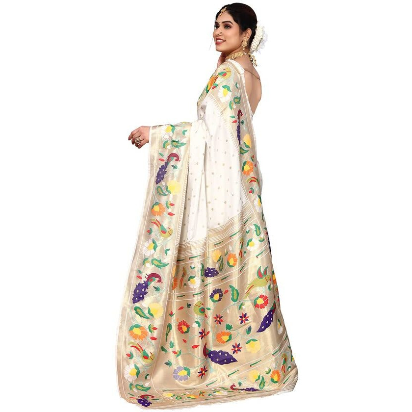 SIRIL Womens Paithani Jacquard Poly Silk Saree with Unstitched Blouse(2909S5286_White, Gold)