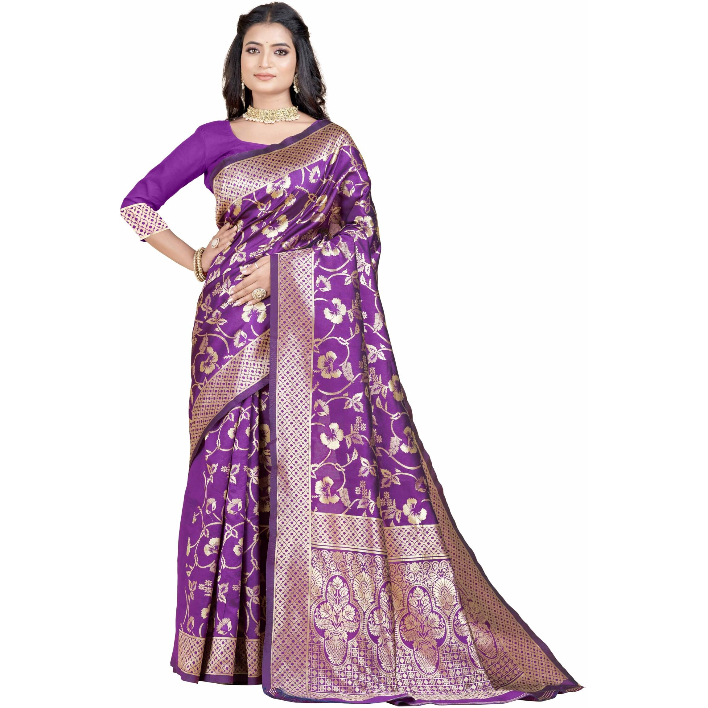 Sugathari Womens Banarasi Saree Pure Kanjivaram Silk Saree Soft new ladies 2023 Design Wear Pattu Sarees Latest Party Sari collections With Blouse Piece for Wedding sadi (SAN PARI-187 PURPLE)