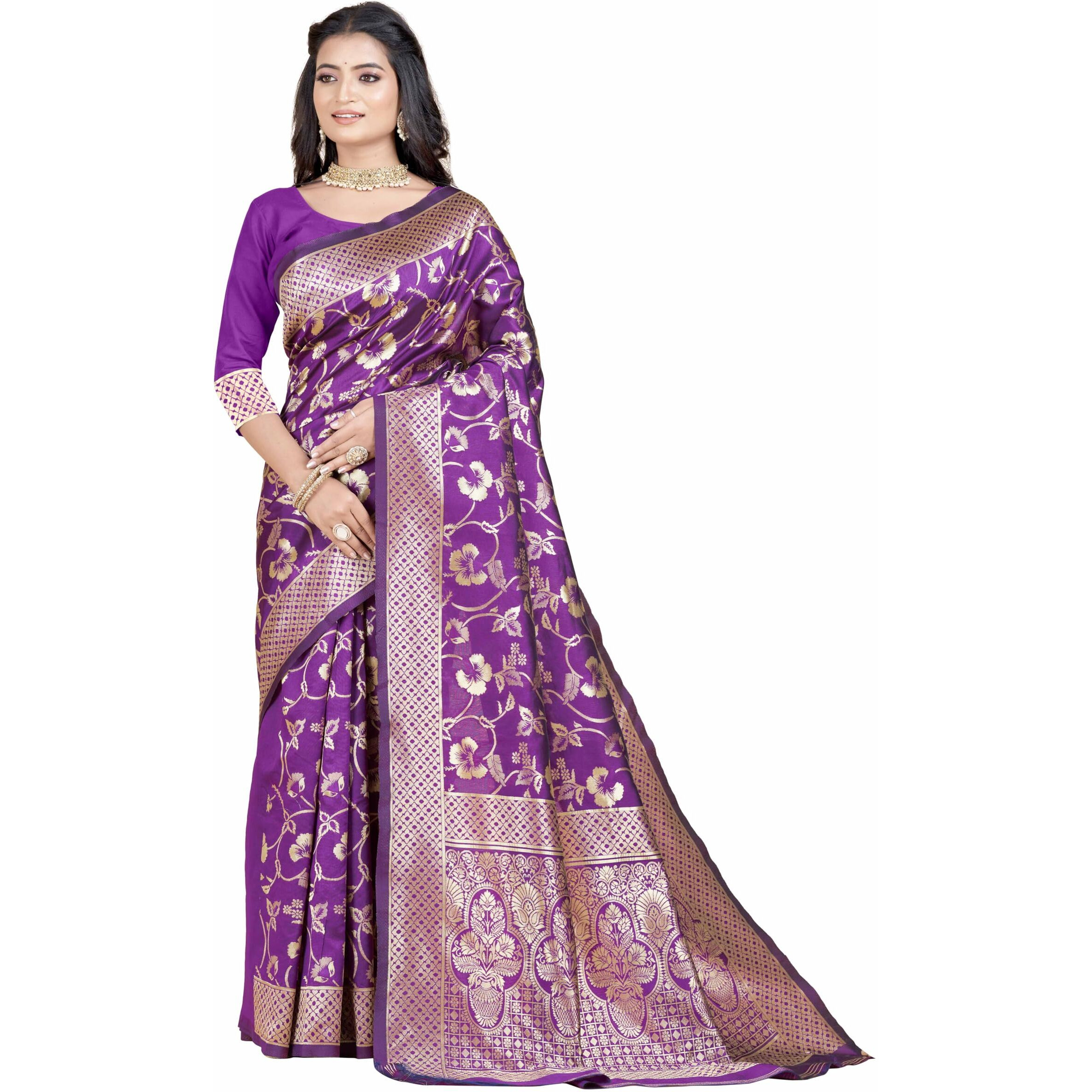 Sugathari Womens Banarasi Saree Pure Kanjivaram Silk Saree Soft new ladies 2023 Design Wear Pattu Sarees Latest Party Sari collections With Blouse Piece for Wedding sadi (SAN PARI-187 PURPLE)