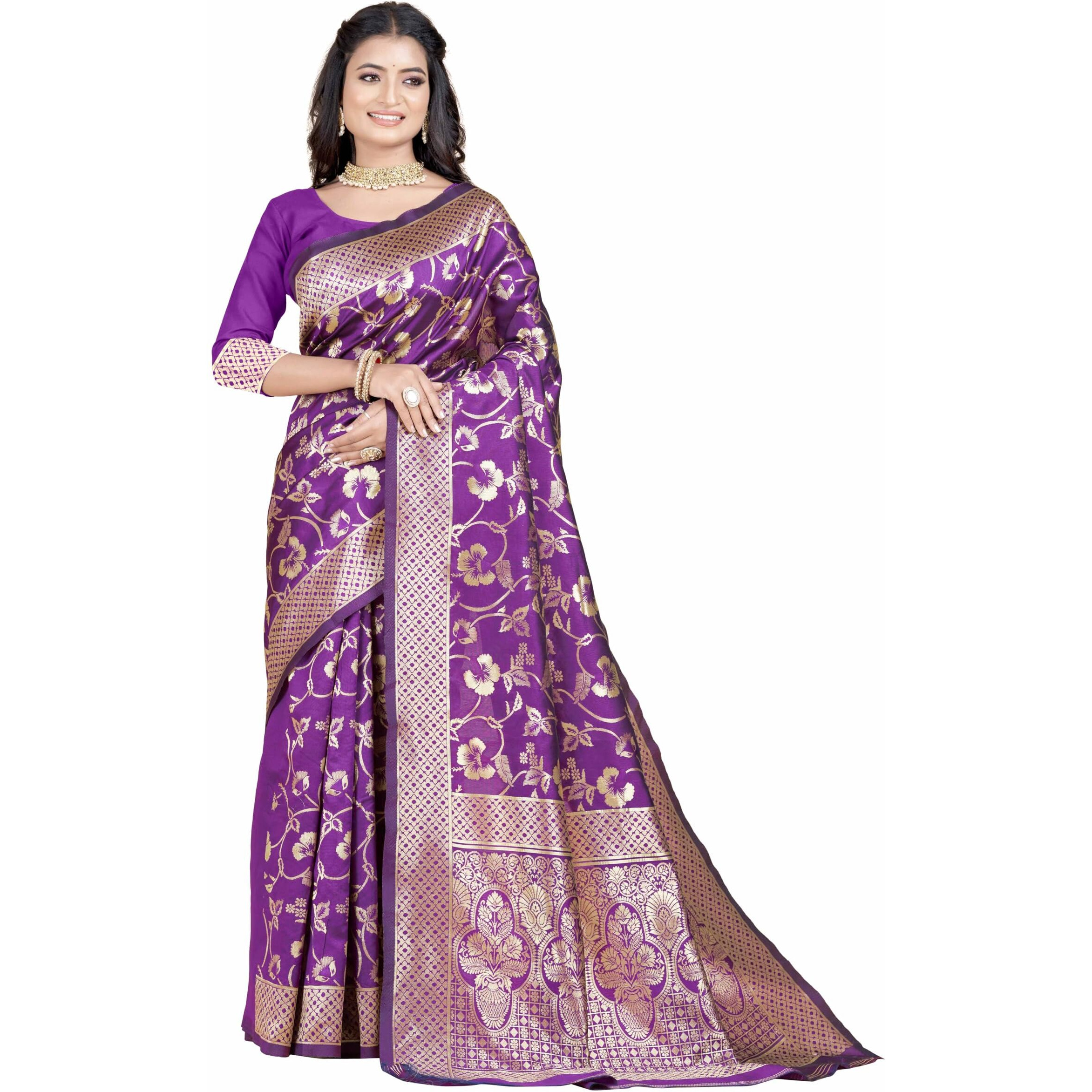 Sugathari Womens Banarasi Saree Pure Kanjivaram Silk Saree Soft new ladies 2023 Design Wear Pattu Sarees Latest Party Sari collections With Blouse Piece for Wedding sadi (SAN PARI-187 PURPLE)