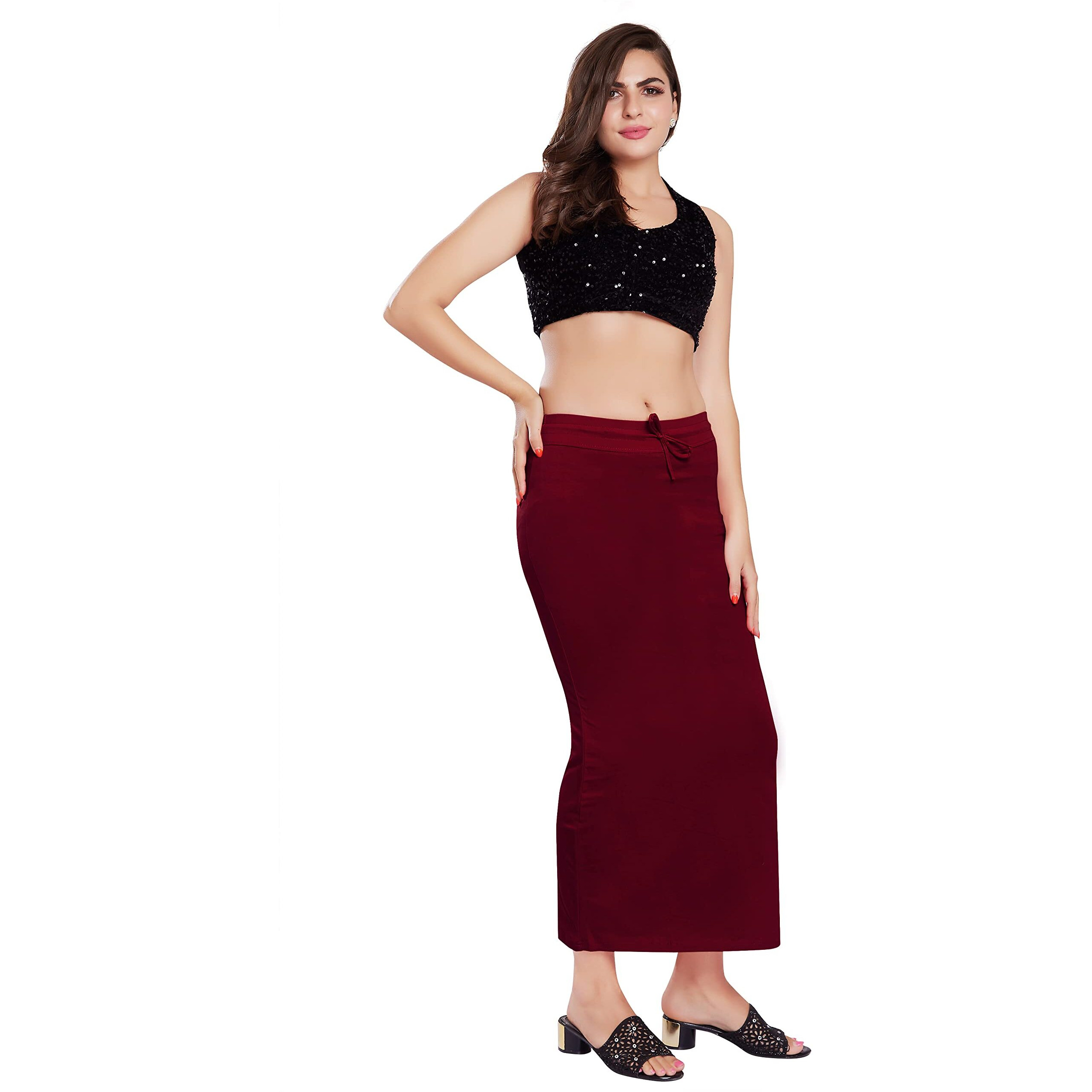 RANI SAAHIBA Womens Stretchy Slim Fishcut Petticoat Cotton Saree Shapewear(SHP14_S/M_R. Maroon)