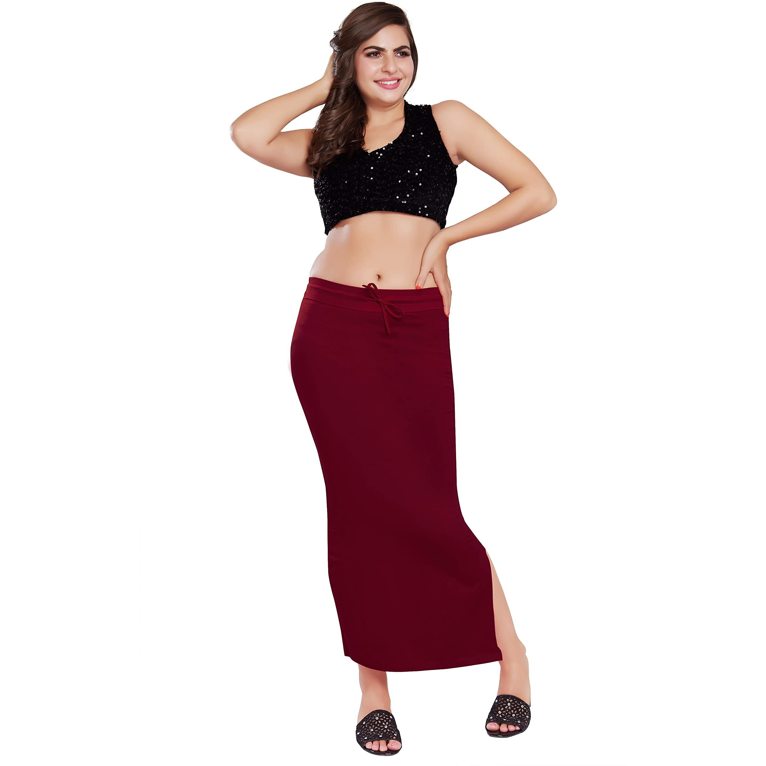 RANI SAAHIBA Womens Stretchy Slim Fishcut Petticoat Cotton Saree Shapewear(SHP14_S/M_R. Maroon)