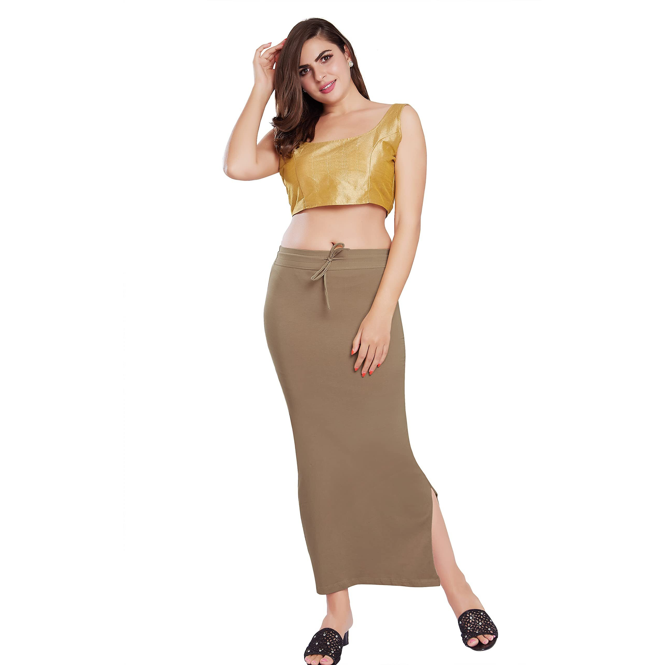 RANI SAAHIBA Womens Stretchy Slim Fishcut Petticoat Cotton Saree Shapewear(SHP62_S/M_Beige)