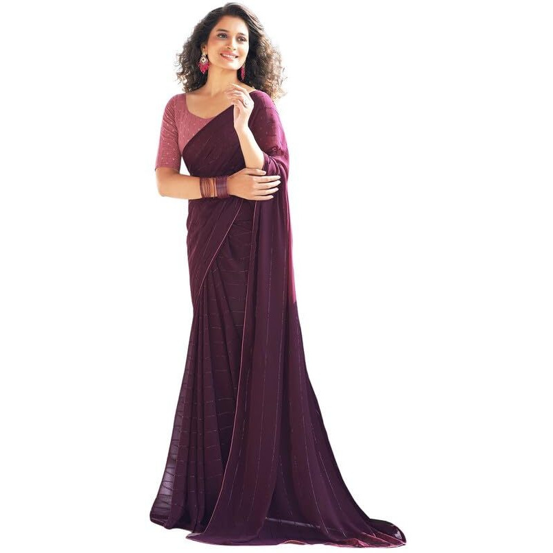 SIRIL Womens Georgette Sequence Work Saree With Unstitched Blouse Piece (3475S702A_Deep Purple)