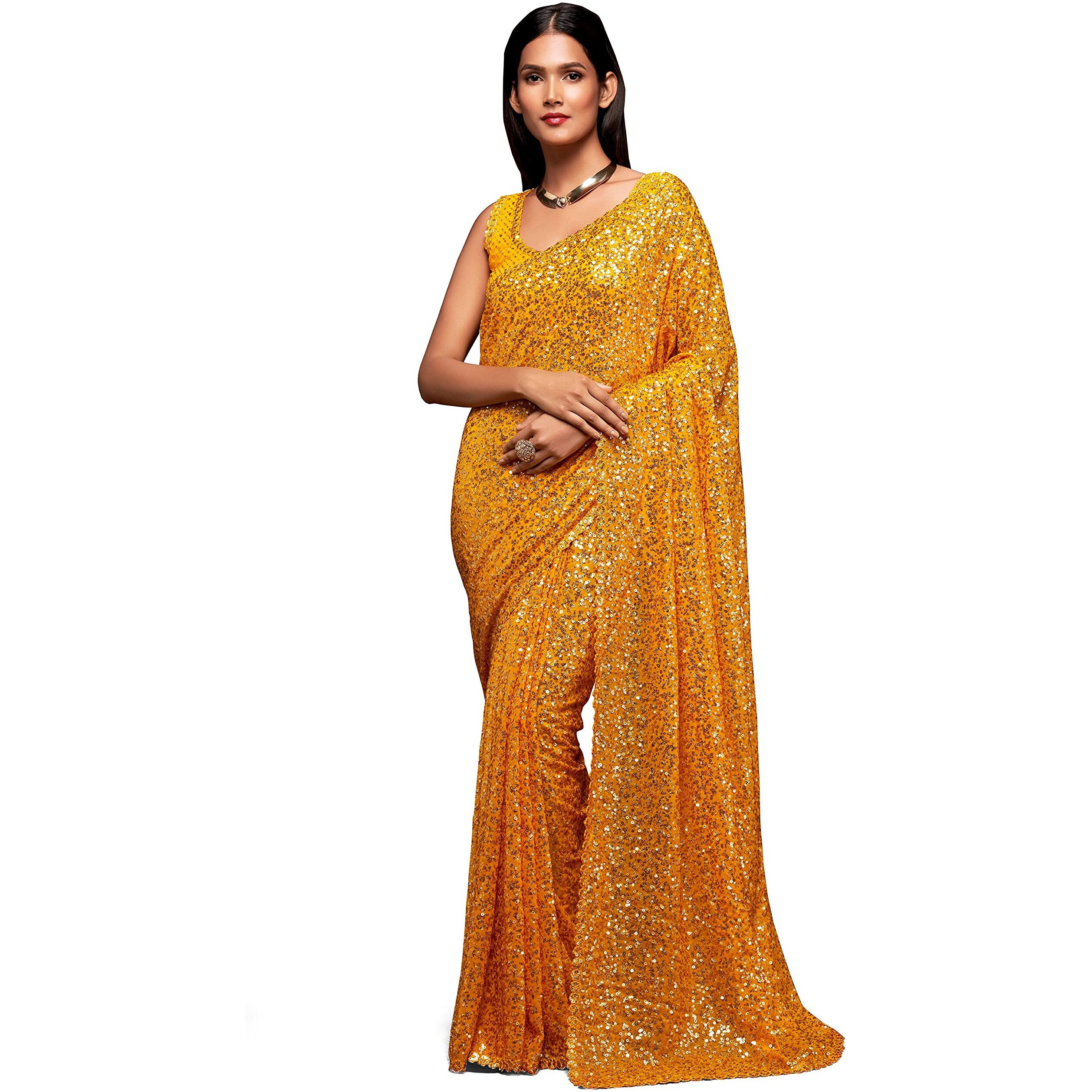 Zeel Clothing Womens Yellow Sequins Work Heavy Georgette Saree with Blouse (1009-Honey-Yellow-Sequins-Party-Saree, Honey Yellow)