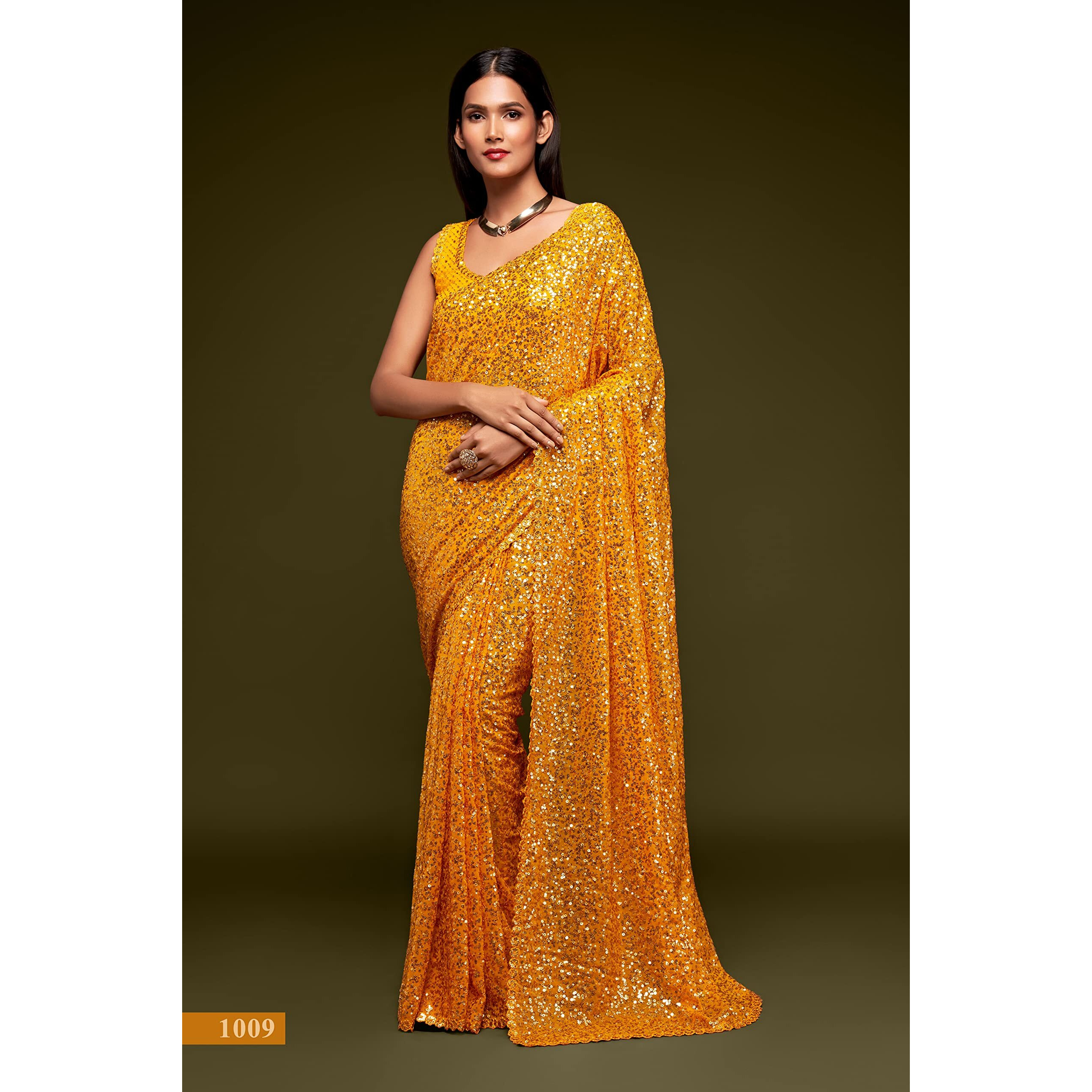 Zeel Clothing Womens Yellow Sequins Work Heavy Georgette Saree with Blouse (1009-Honey-Yellow-Sequins-Party-Saree, Honey Yellow)