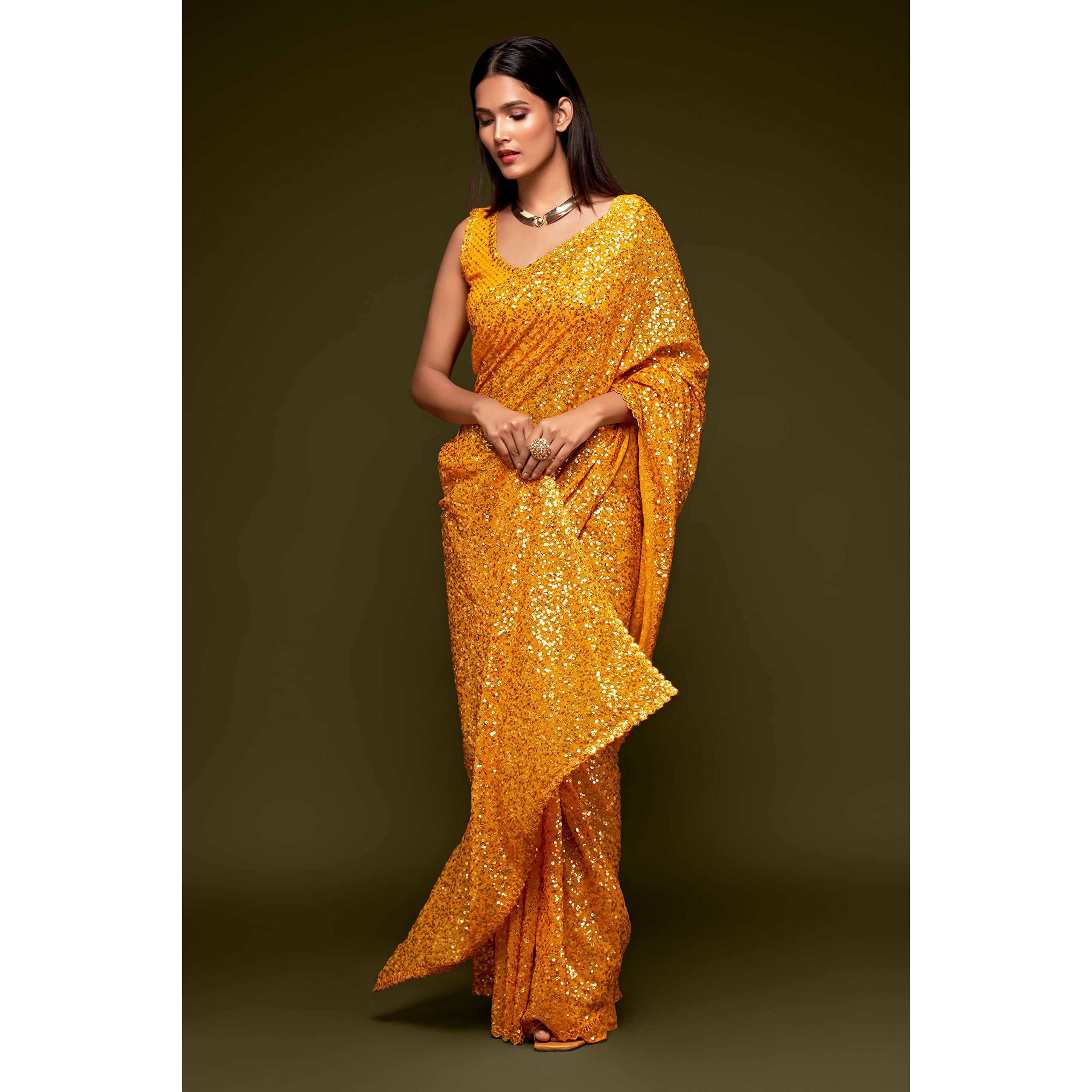 Zeel Clothing Womens Yellow Sequins Work Heavy Georgette Saree with Blouse (1009-Honey-Yellow-Sequins-Party-Saree, Honey Yellow)