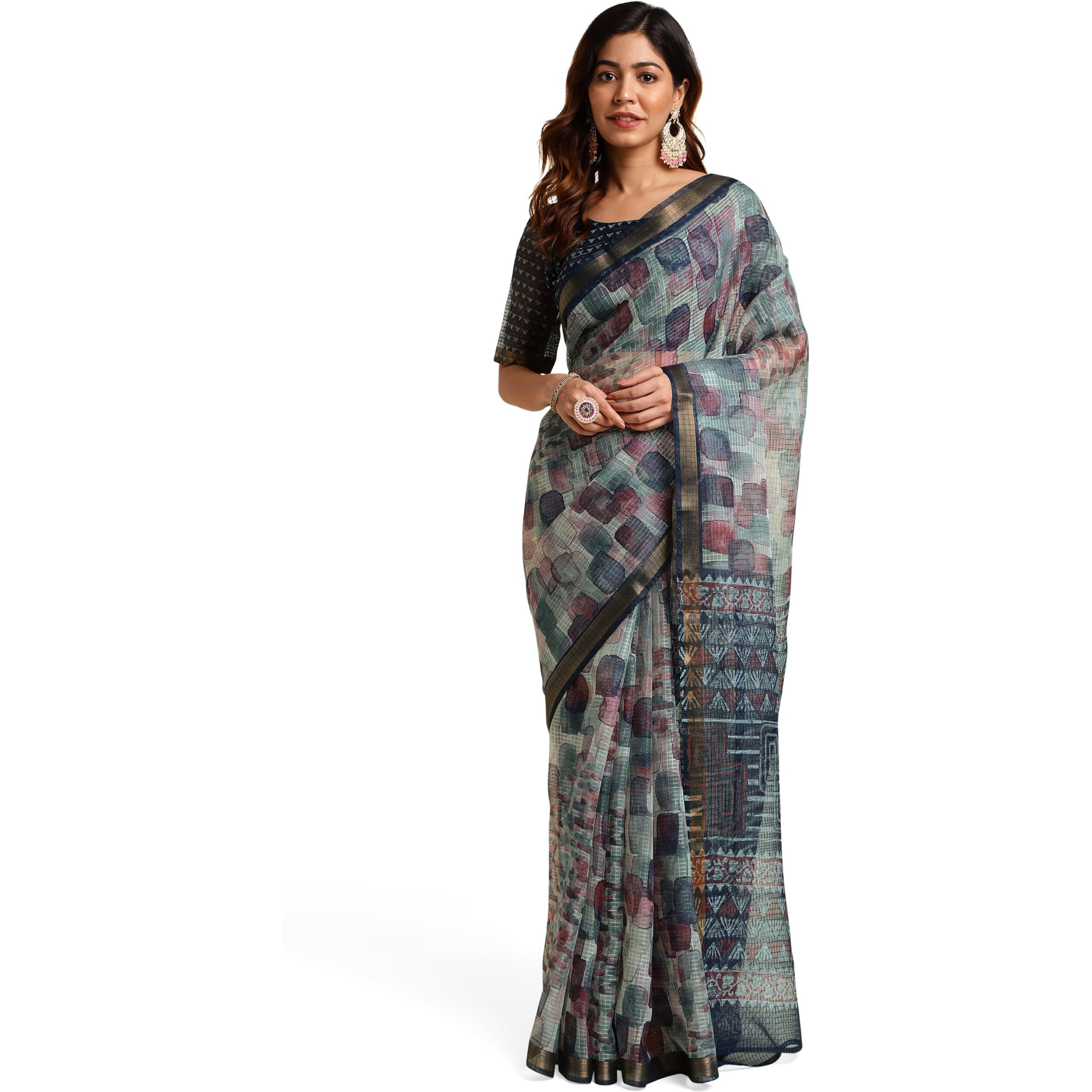 MIRCHI FASHION Womens Kota Doria Abstract Geometric Printed Saree with Blouse Piece (39522-Navy Blue, Grey)