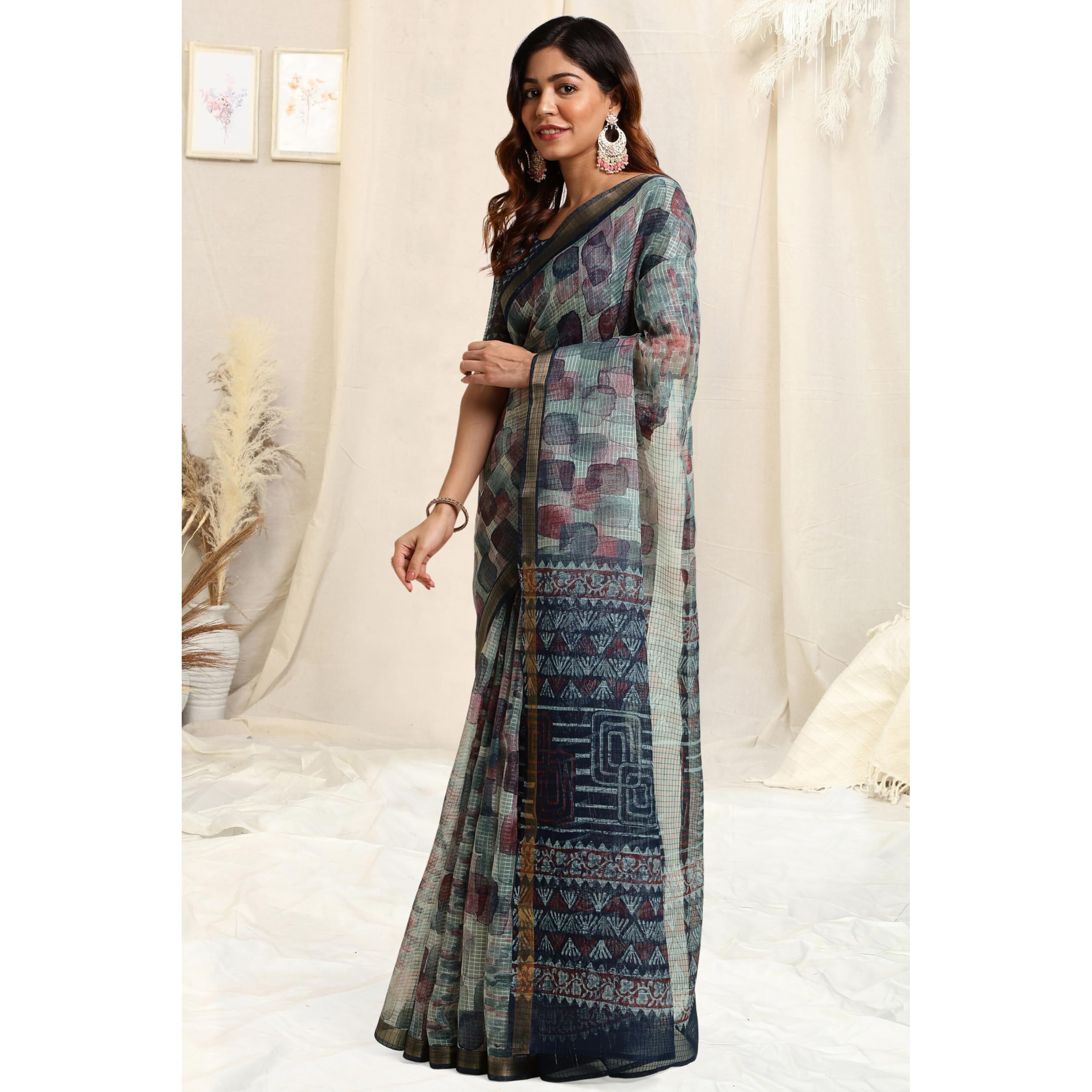 MIRCHI FASHION Womens Kota Doria Abstract Geometric Printed Saree with Blouse Piece (39522-Navy Blue, Grey)