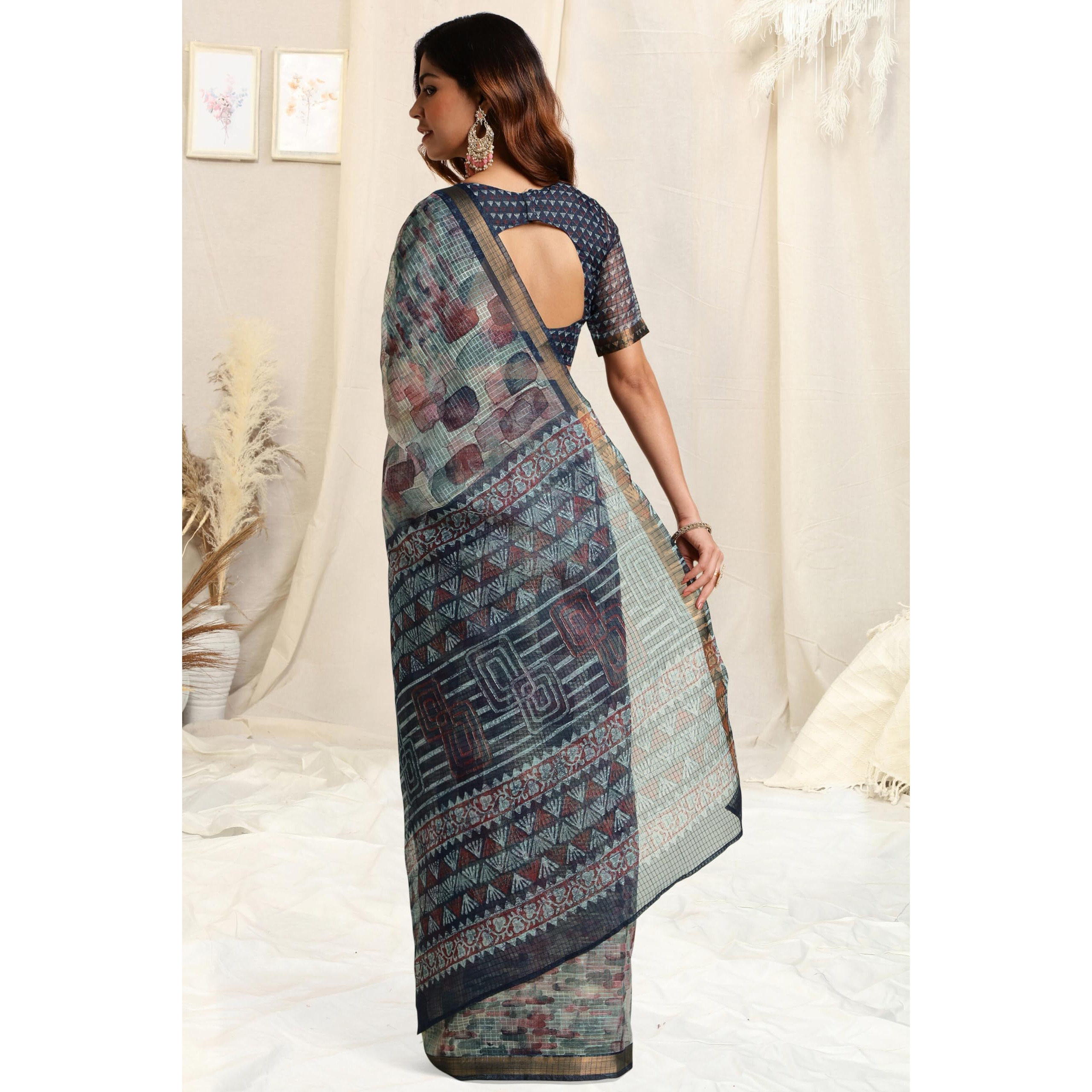 MIRCHI FASHION Womens Kota Doria Abstract Geometric Printed Saree with Blouse Piece (39522-Navy Blue, Grey)