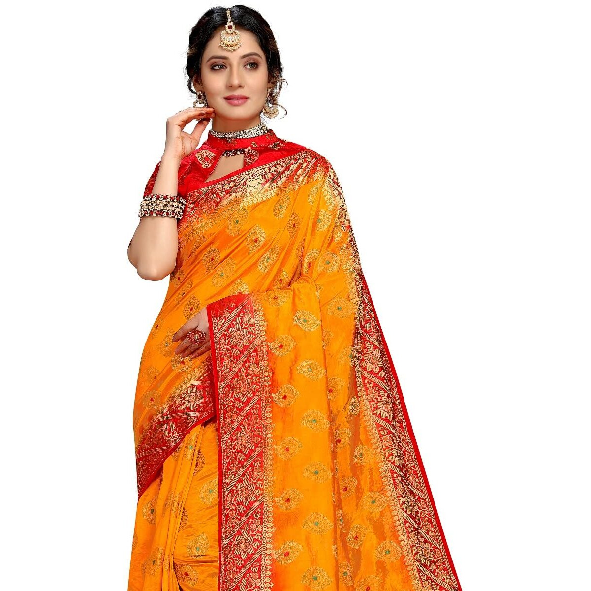 iZibra Silk Saree for Women Kanjeevaram Soft Wedding Cotton Collection Banarasi Sadi Original Kanchipuram Pure New Ladies Pattu with Unstitched Blouse Piece 2023(Rajnigandha)(Yellow)