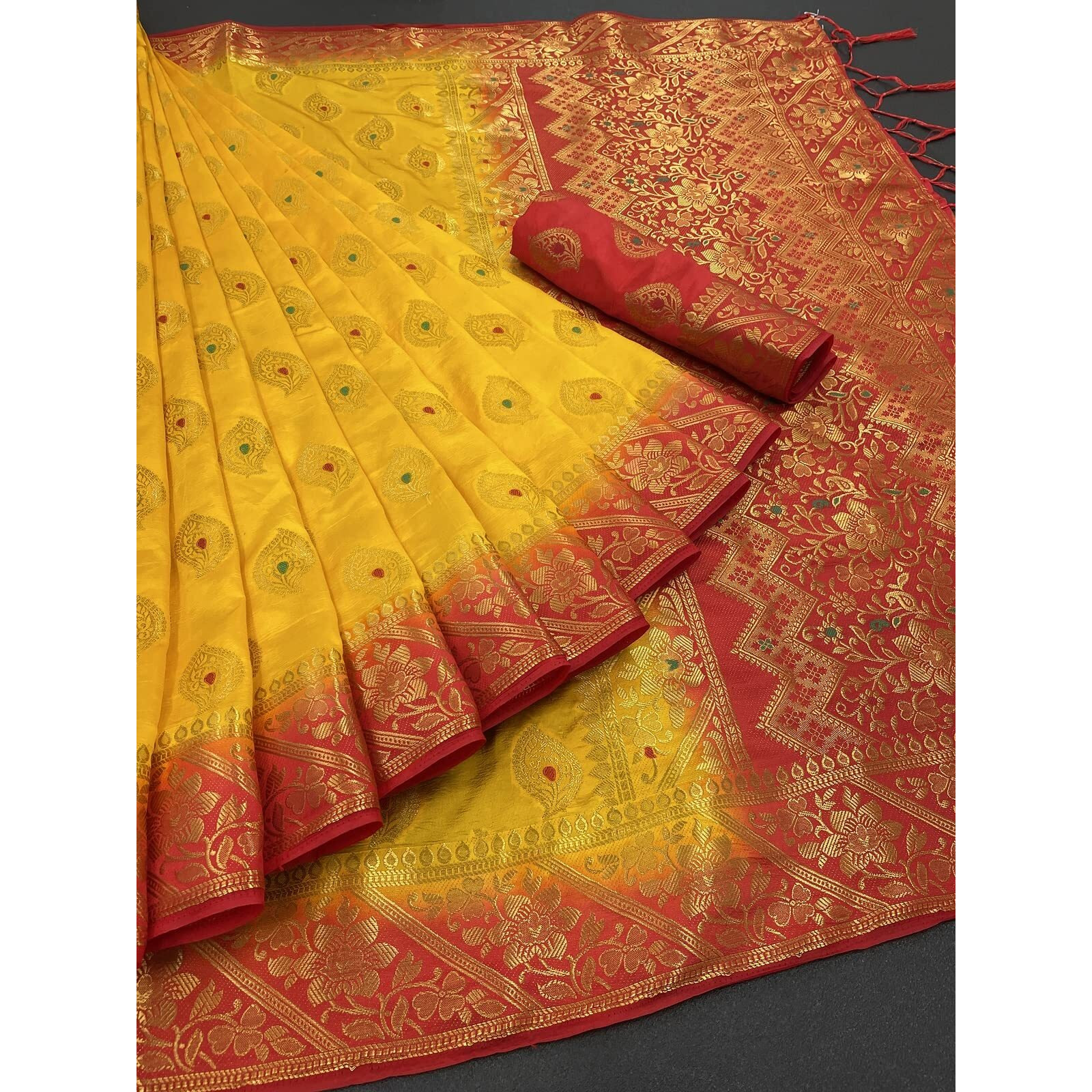 iZibra Silk Saree for Women Kanjeevaram Soft Wedding Cotton Collection Banarasi Sadi Original Kanchipuram Pure New Ladies Pattu with Unstitched Blouse Piece 2023(Rajnigandha)(Yellow)