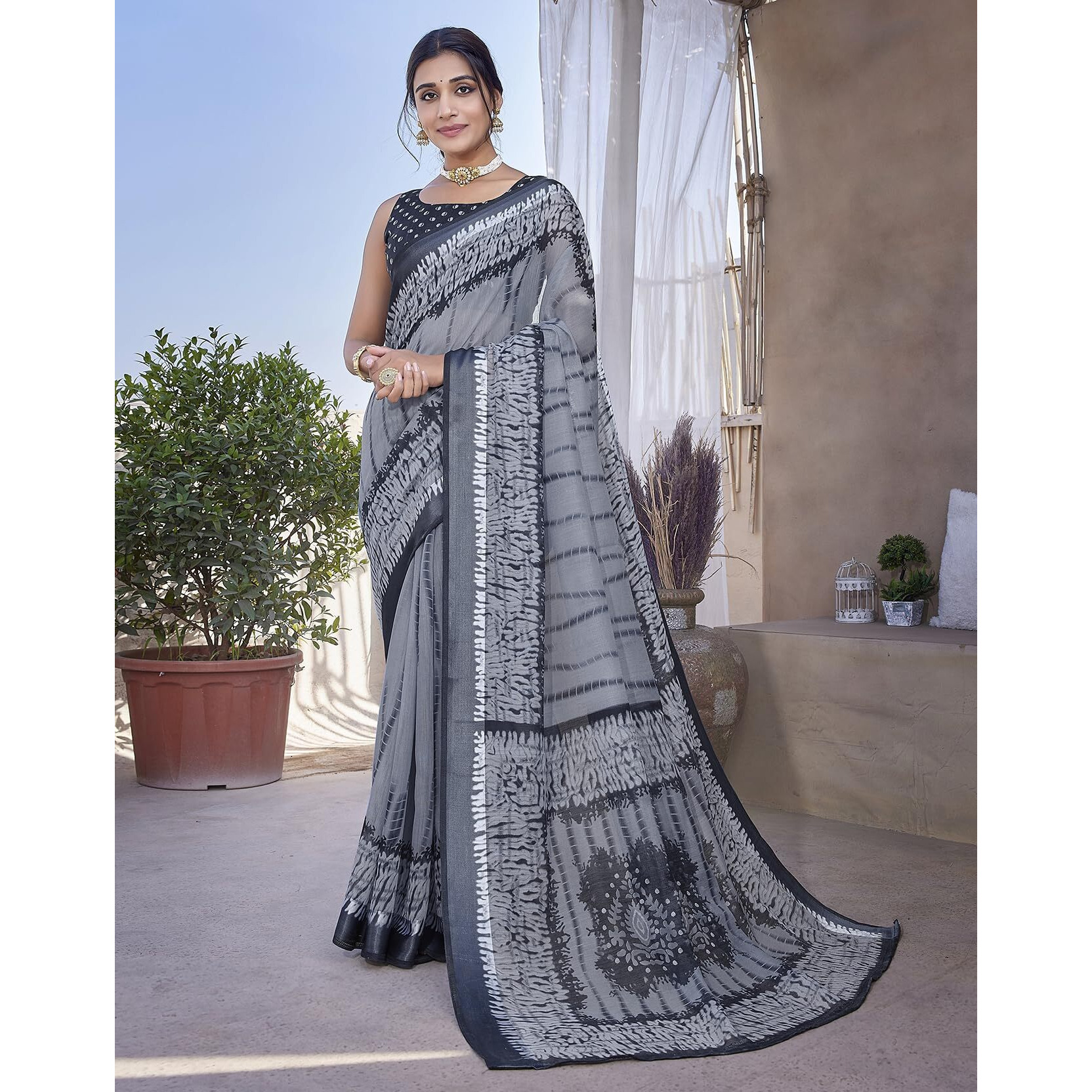 Yashika Womens Stylish Linen Blend Saree Set with Matching Blouse Material - Elevate Your Fashion Statement (AZ-YS-P1-KALAVATI GREY)