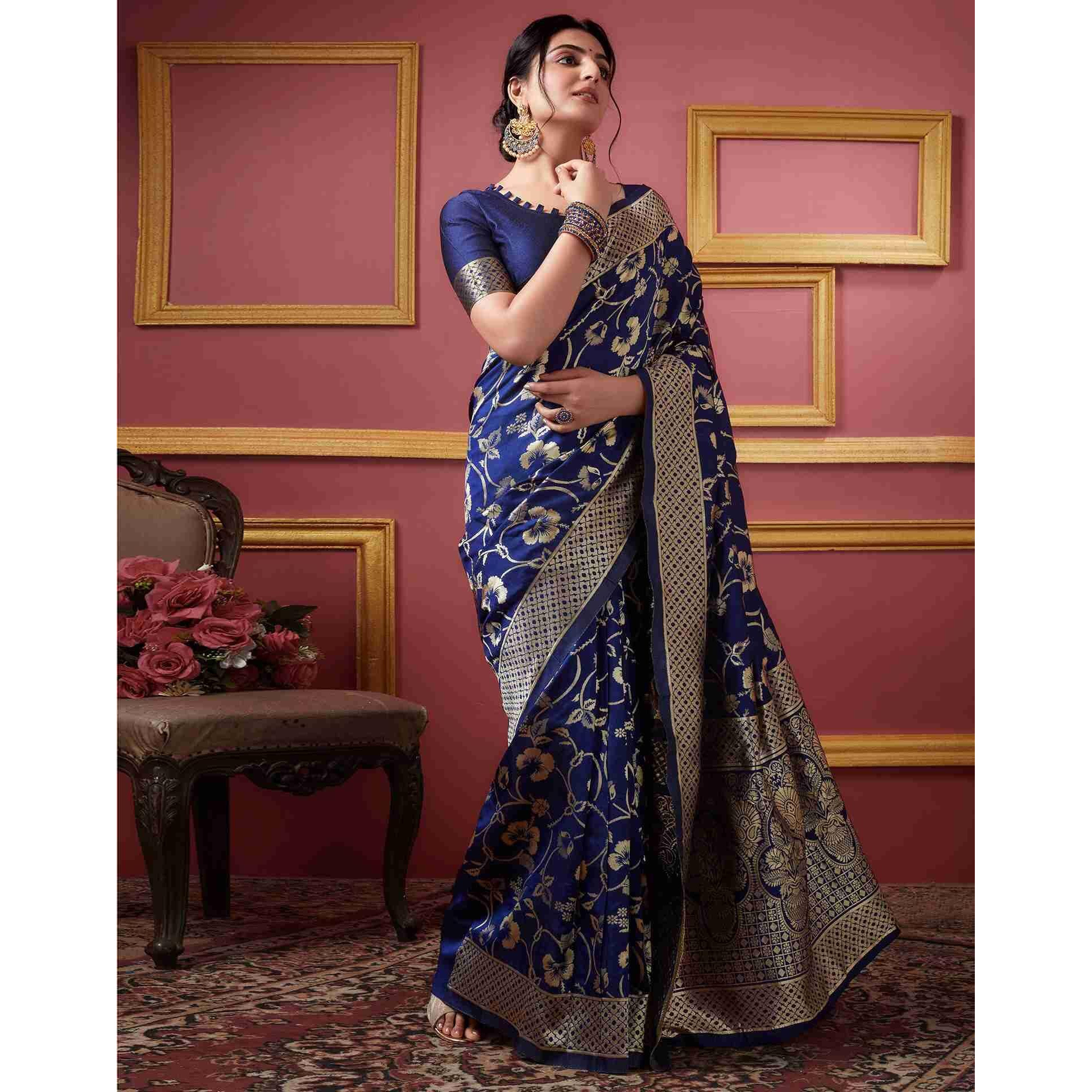 Sugathari Womens Banarasi Saree Pure Kanjivaram Silk Saree Soft new ladies 2023 Design Wear Pattu Sarees Latest Party Sari collections With Blouse Piece for Wedding sadi (SAN PARI-187 NAVY BLUE)