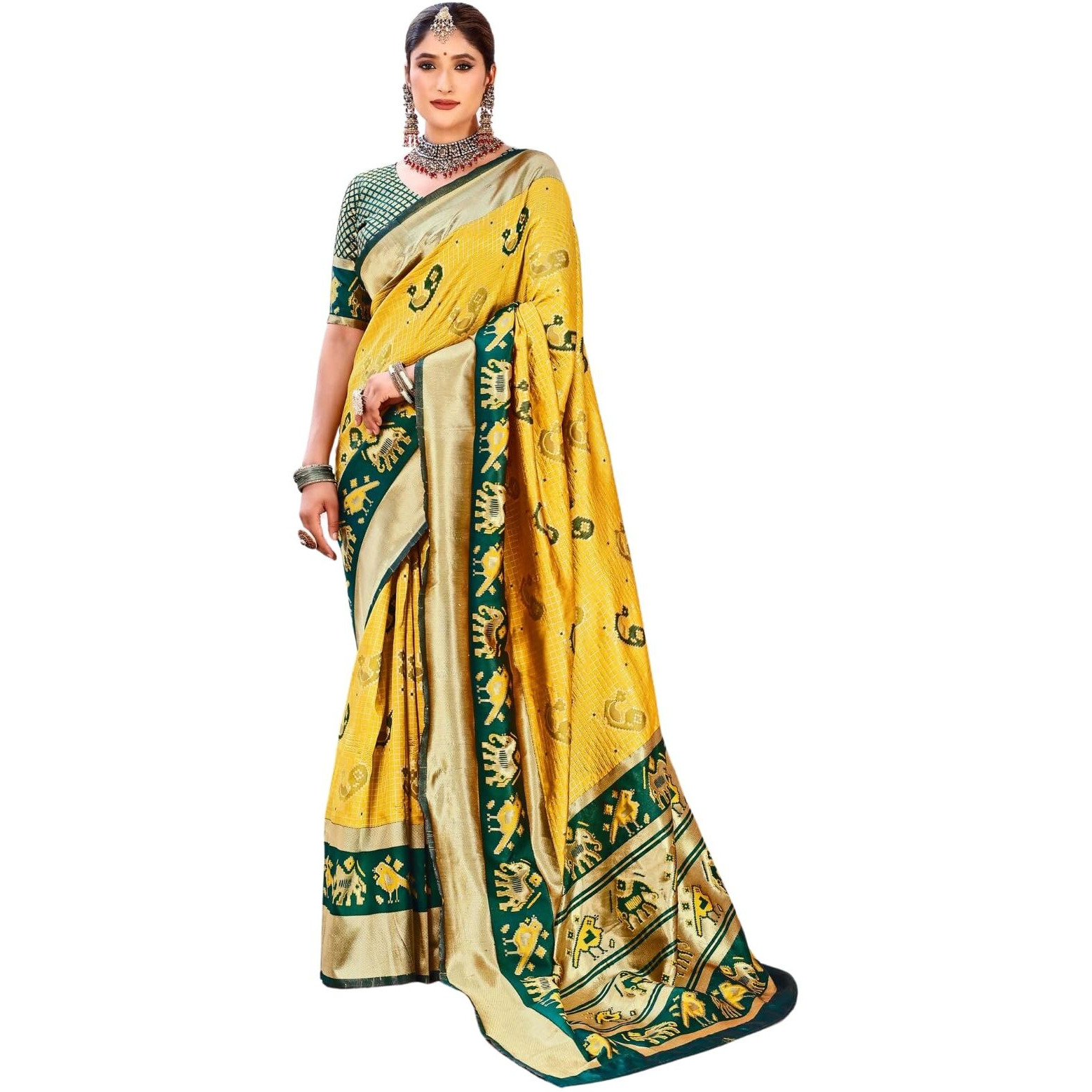 Leriya Fashion Womens Pure Jacquard Banarasi Kanjivarm Cotton Silk Saree with Blouse Piece | Sarees (Yellow)