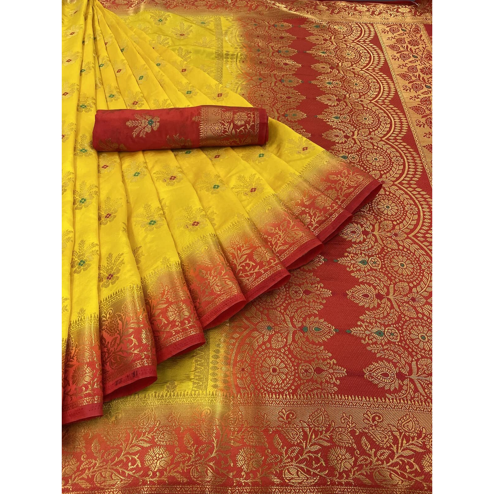 iZibra kanjivaram silk saree wedding cotton sarees for women Banarasi sadi original Kanchipuram pure sadi pattu sari with blouse piece 2023(Barmasi) (Yellow)