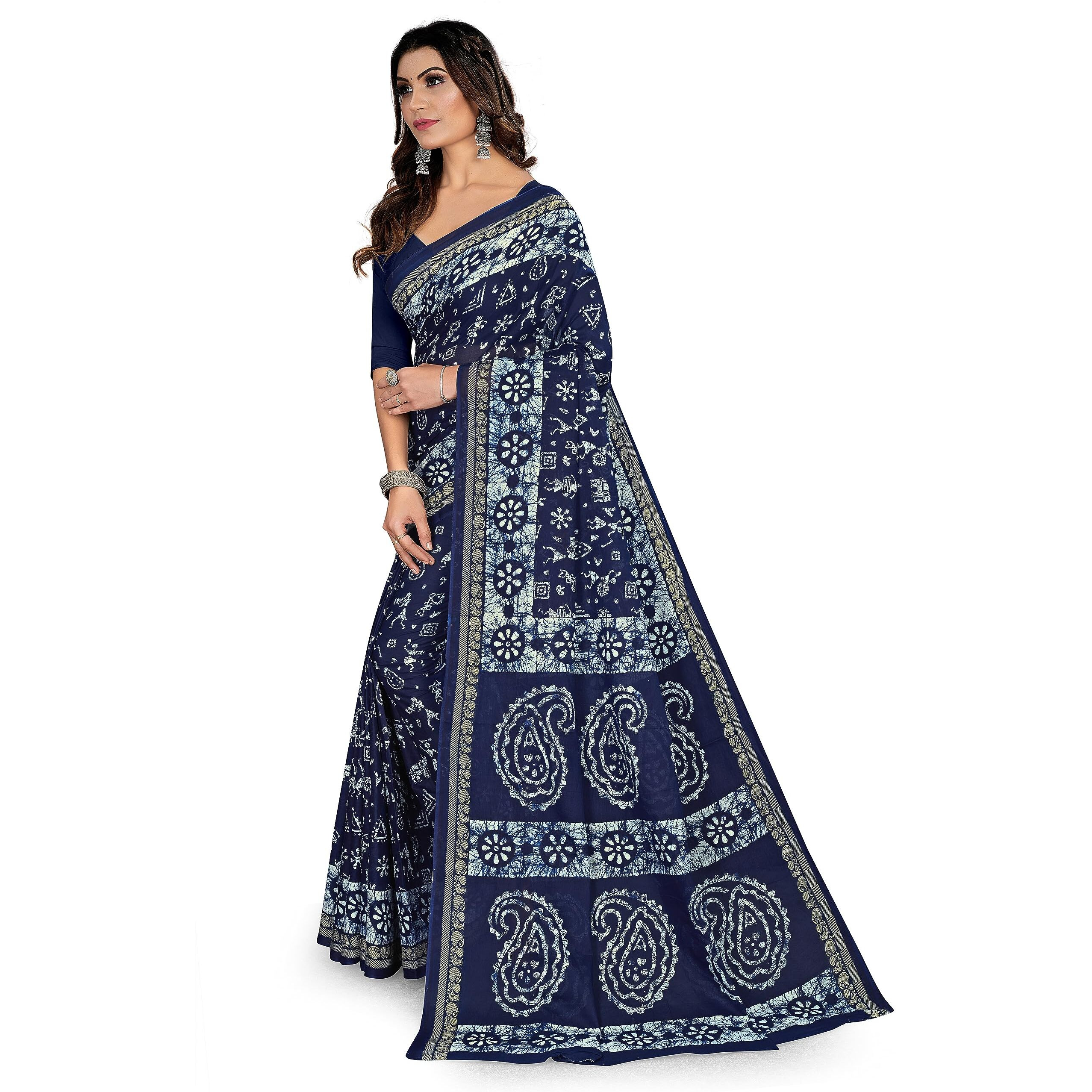 TAMAIRA FASHION Womens Plain Weave Pure Cotton Saree Without Blouse Piece(2476_Navy Blue)