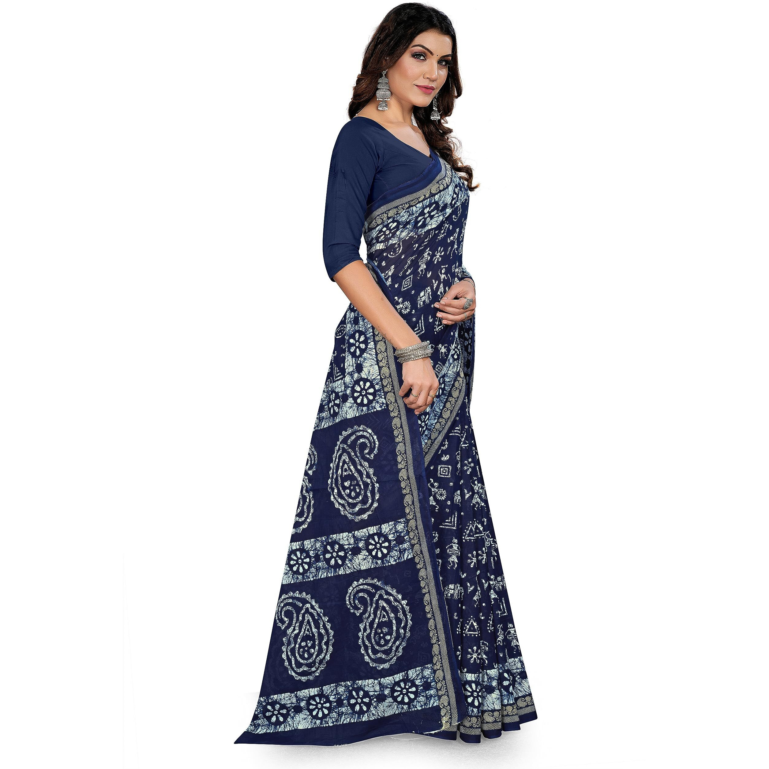 TAMAIRA FASHION Womens Plain Weave Pure Cotton Saree Without Blouse Piece(2476_Navy Blue)