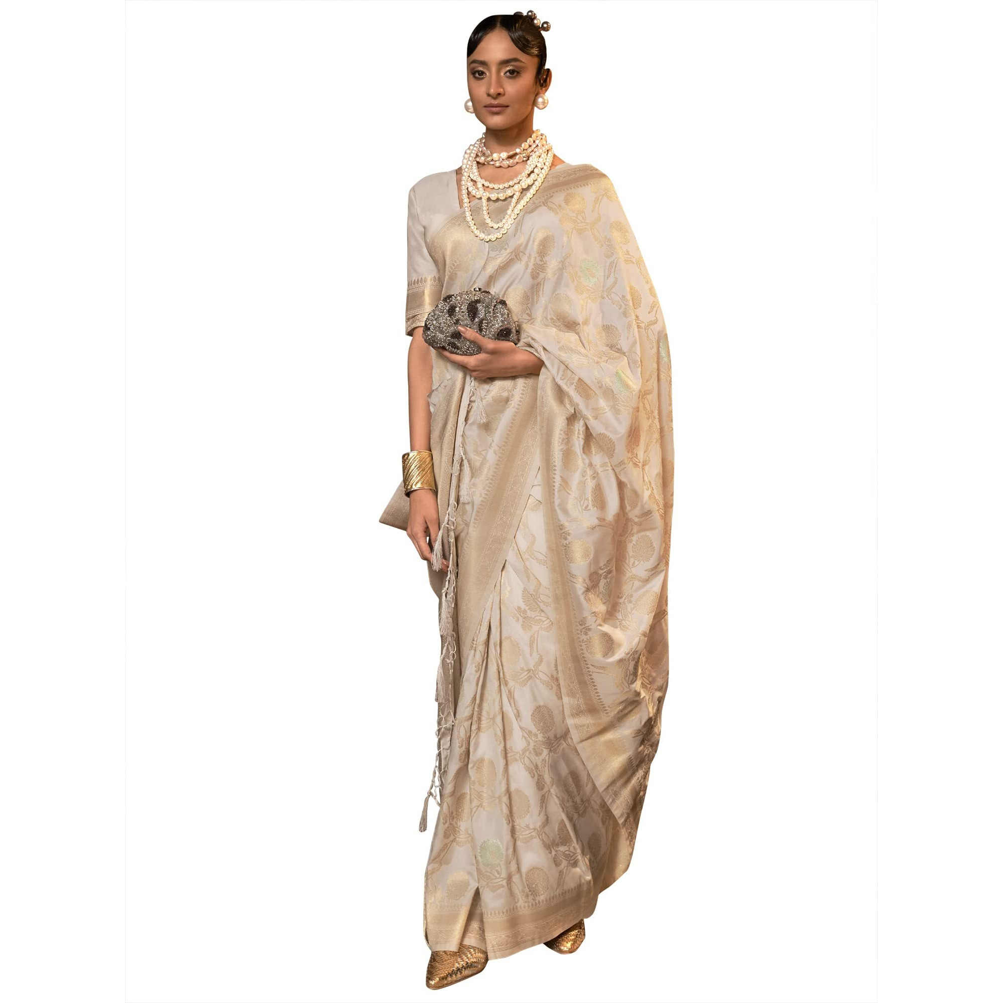 AKHILAM Womens Woven Design Silk Blend Saree With Unstitched Blouse Piece (Cream_KAIROS258001)