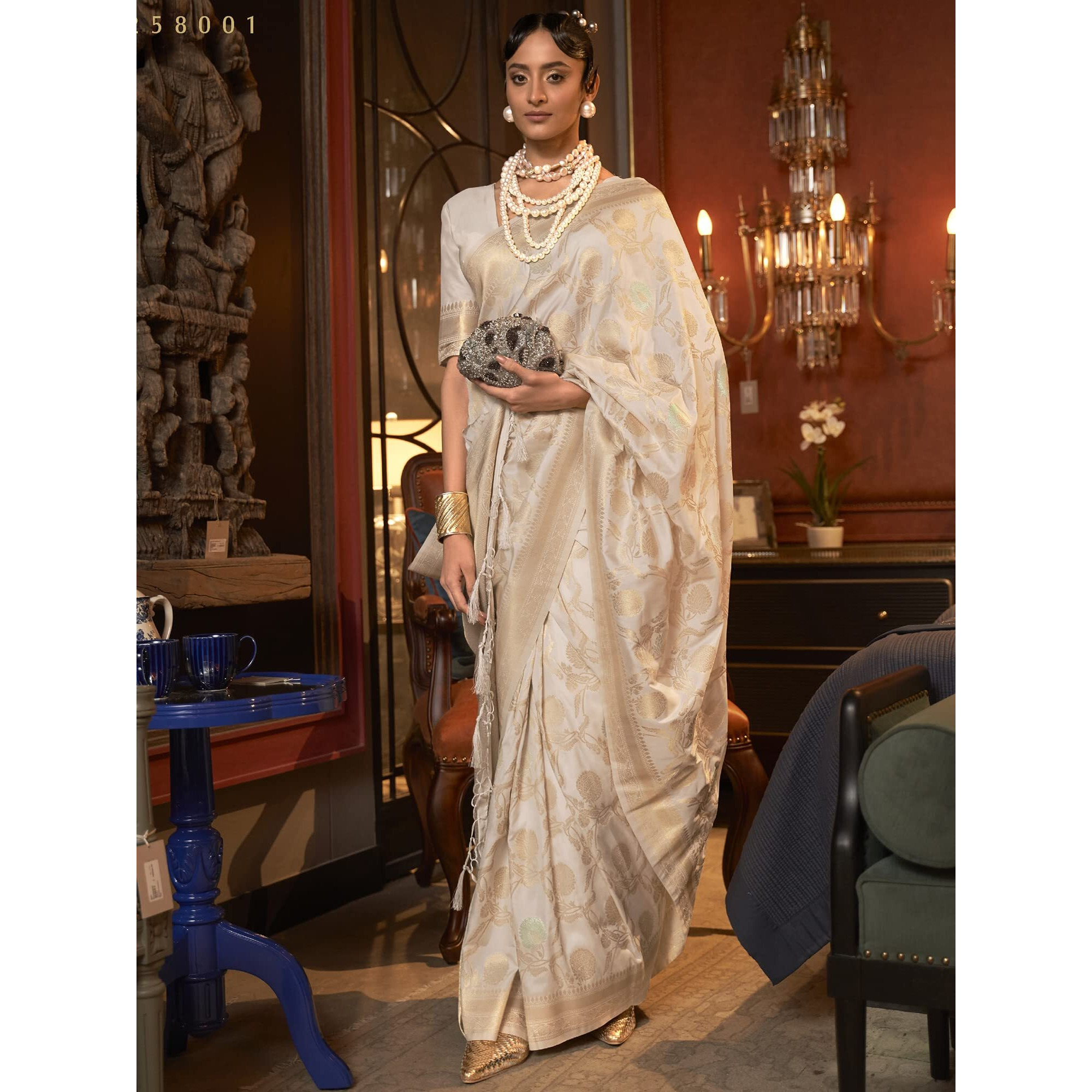 AKHILAM Womens Woven Design Silk Blend Saree With Unstitched Blouse Piece (Cream_KAIROS258001)