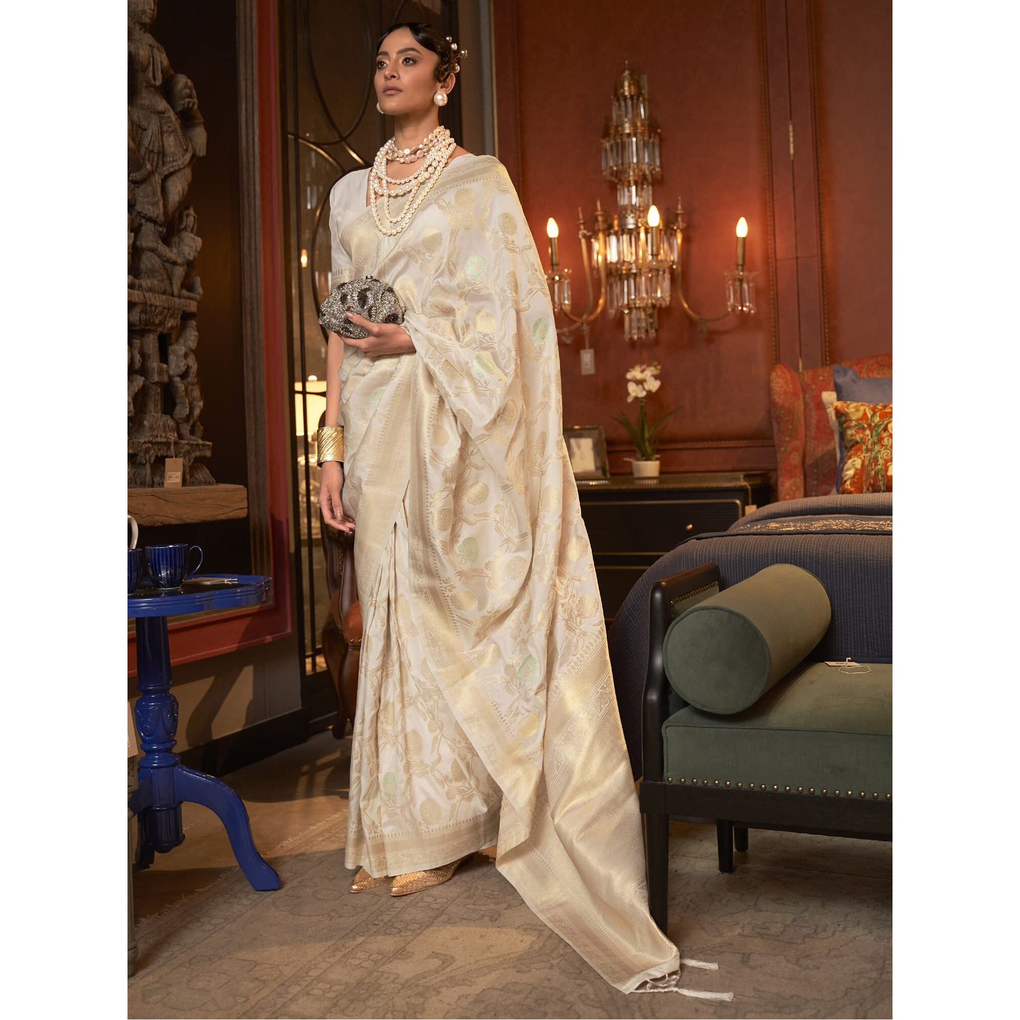 AKHILAM Womens Woven Design Silk Blend Saree With Unstitched Blouse Piece (Cream_KAIROS258001)