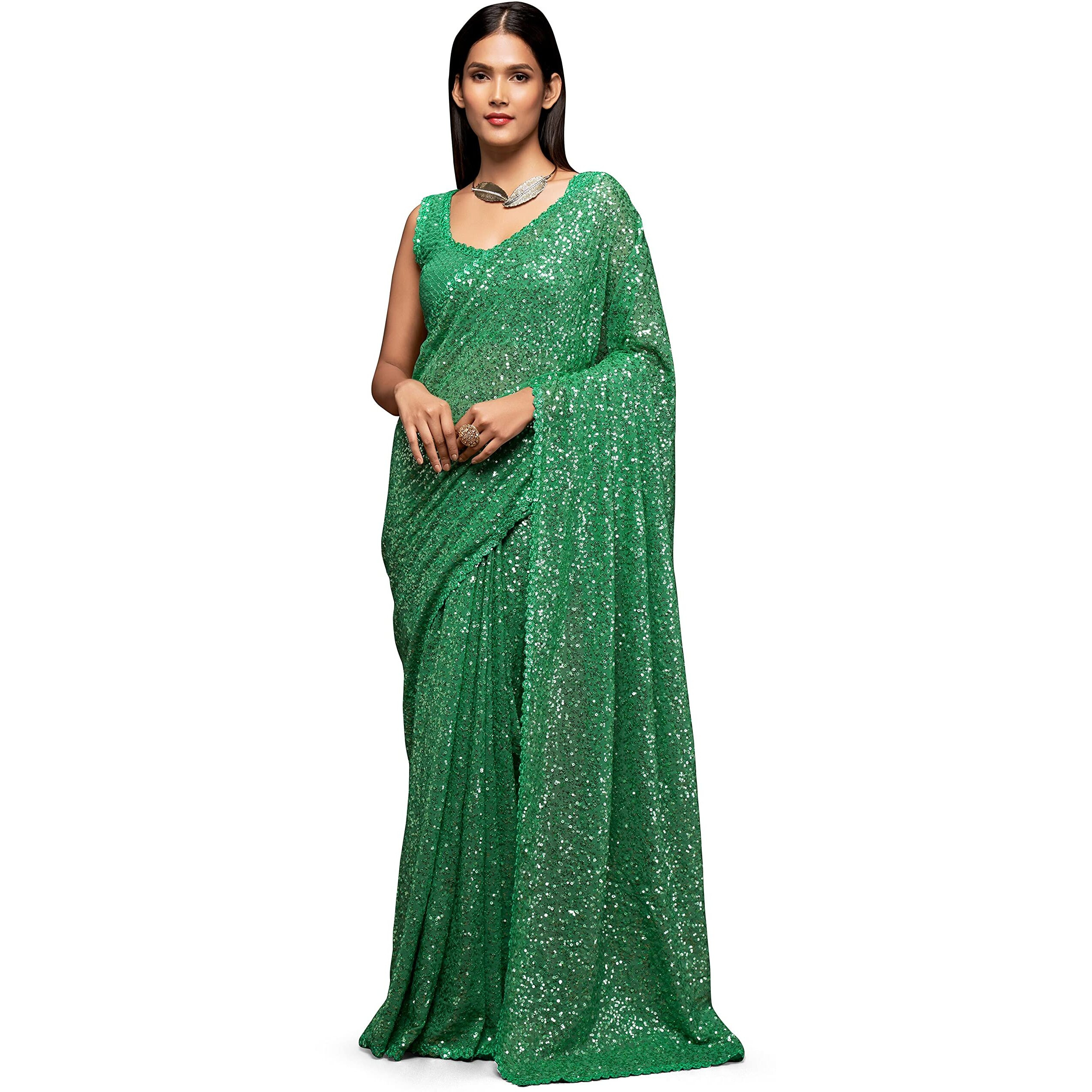 Zeel Clothing Womens Green Sequins Work Heavy Georgette Saree with Blouse (1001-Light-Green-Sequins-Party-Saree, Green)