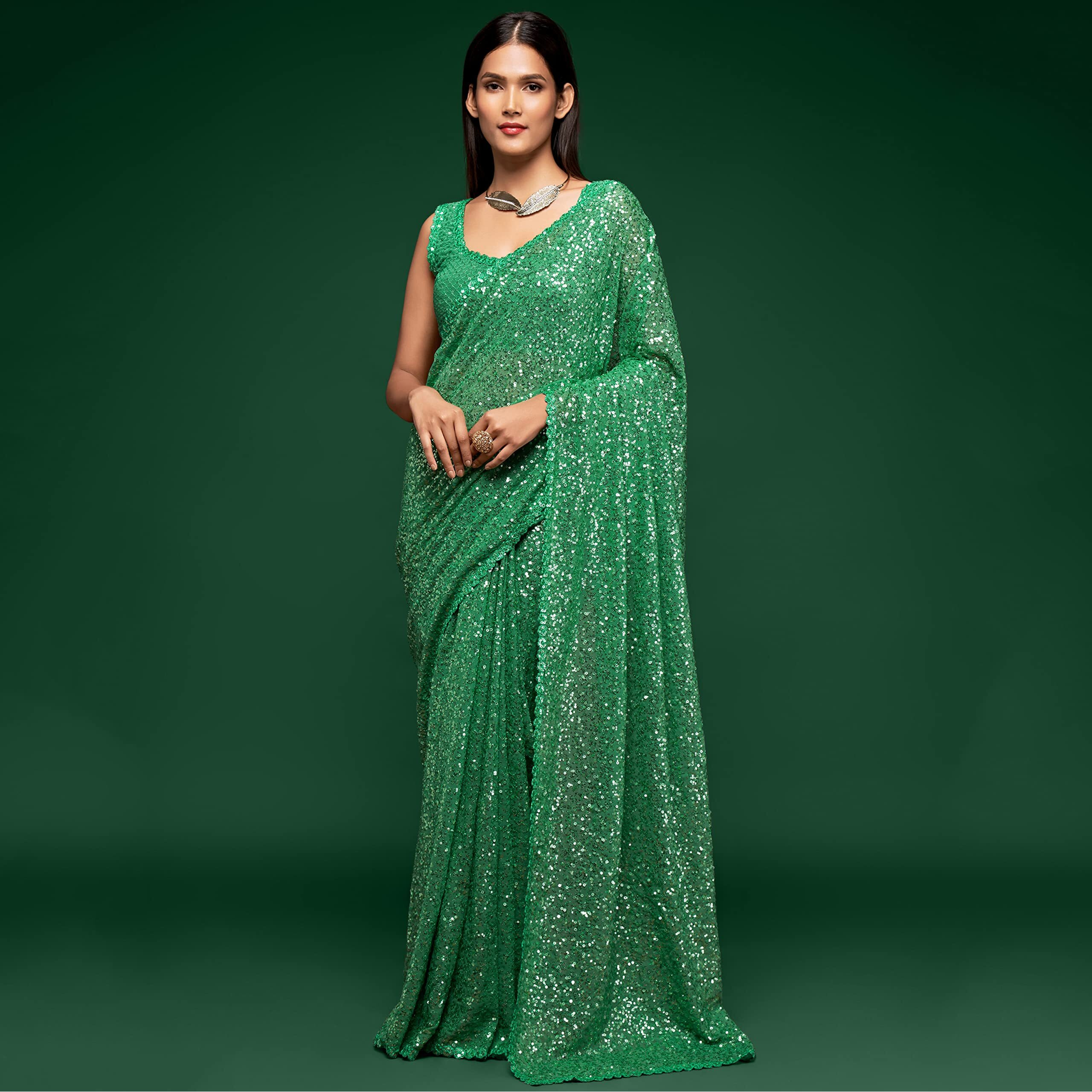 Zeel Clothing Womens Green Sequins Work Heavy Georgette Saree with Blouse (1001-Light-Green-Sequins-Party-Saree, Green)