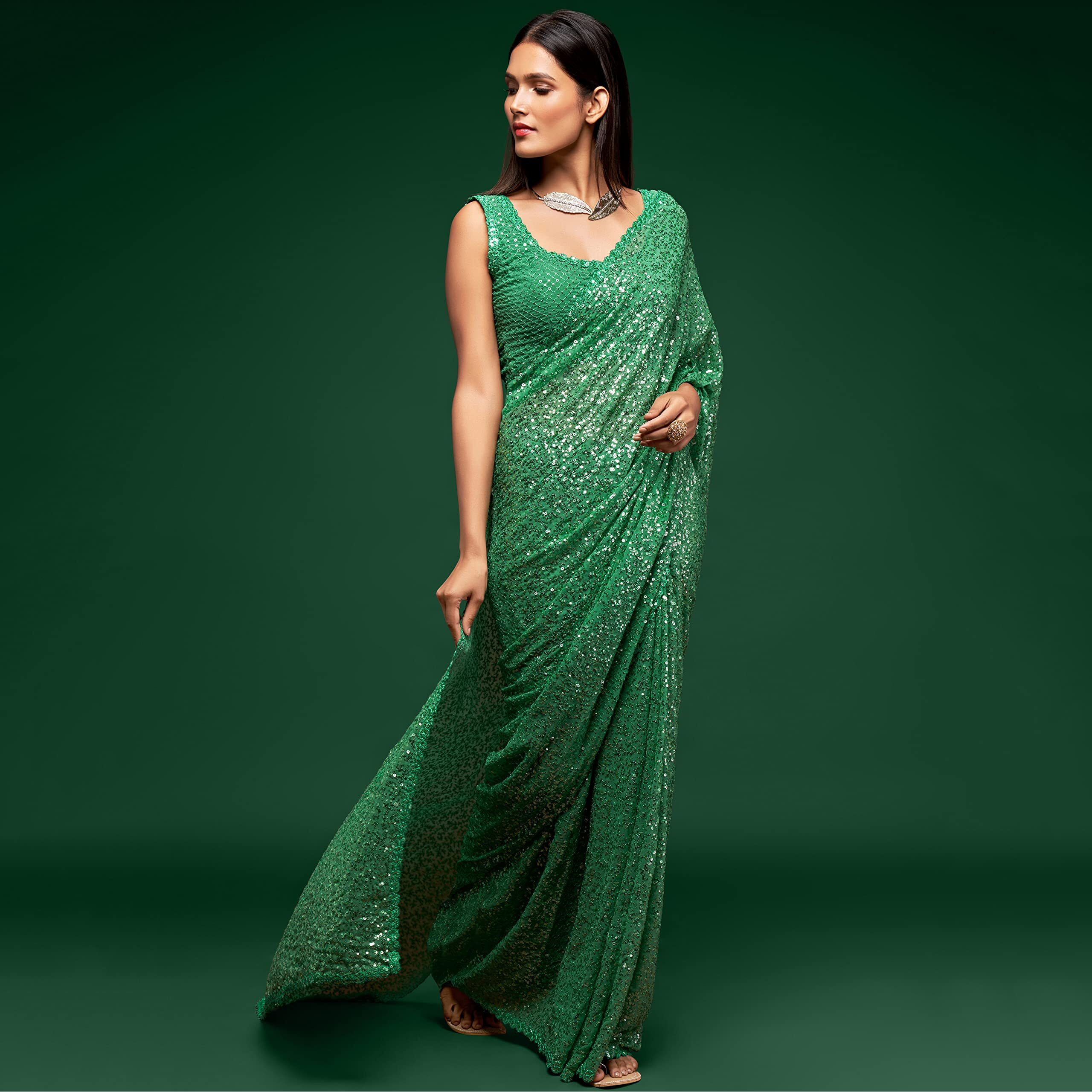 Zeel Clothing Womens Green Sequins Work Heavy Georgette Saree with Blouse (1001-Light-Green-Sequins-Party-Saree, Green)