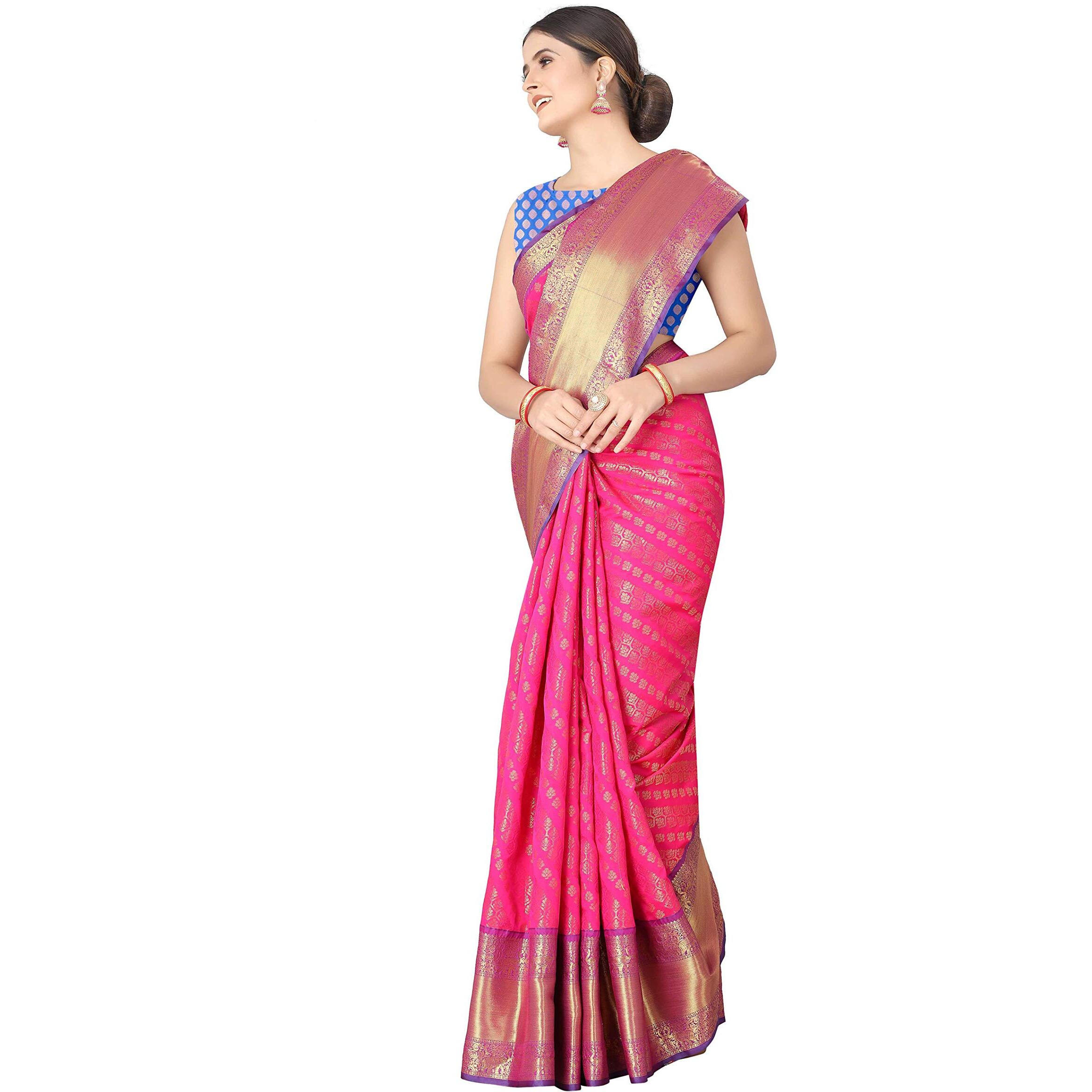 Enthone Womens Banarasi Silk Saree With Unstitched Blouse Piece(Pink)