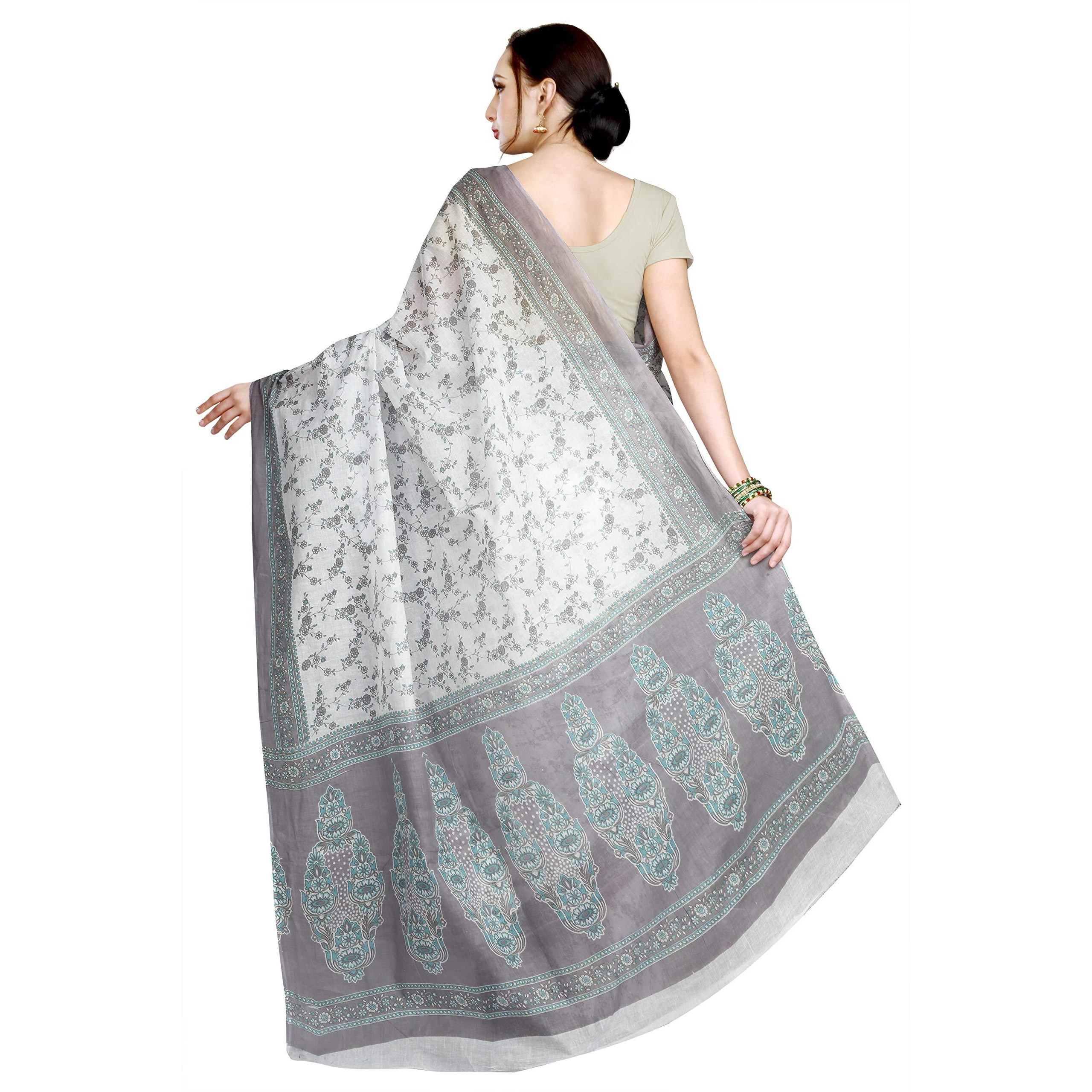 RANI SAAHIBA Womens Pure Cotton Printed Saree Without Blouse Piece (SKR5308_White-Grey)