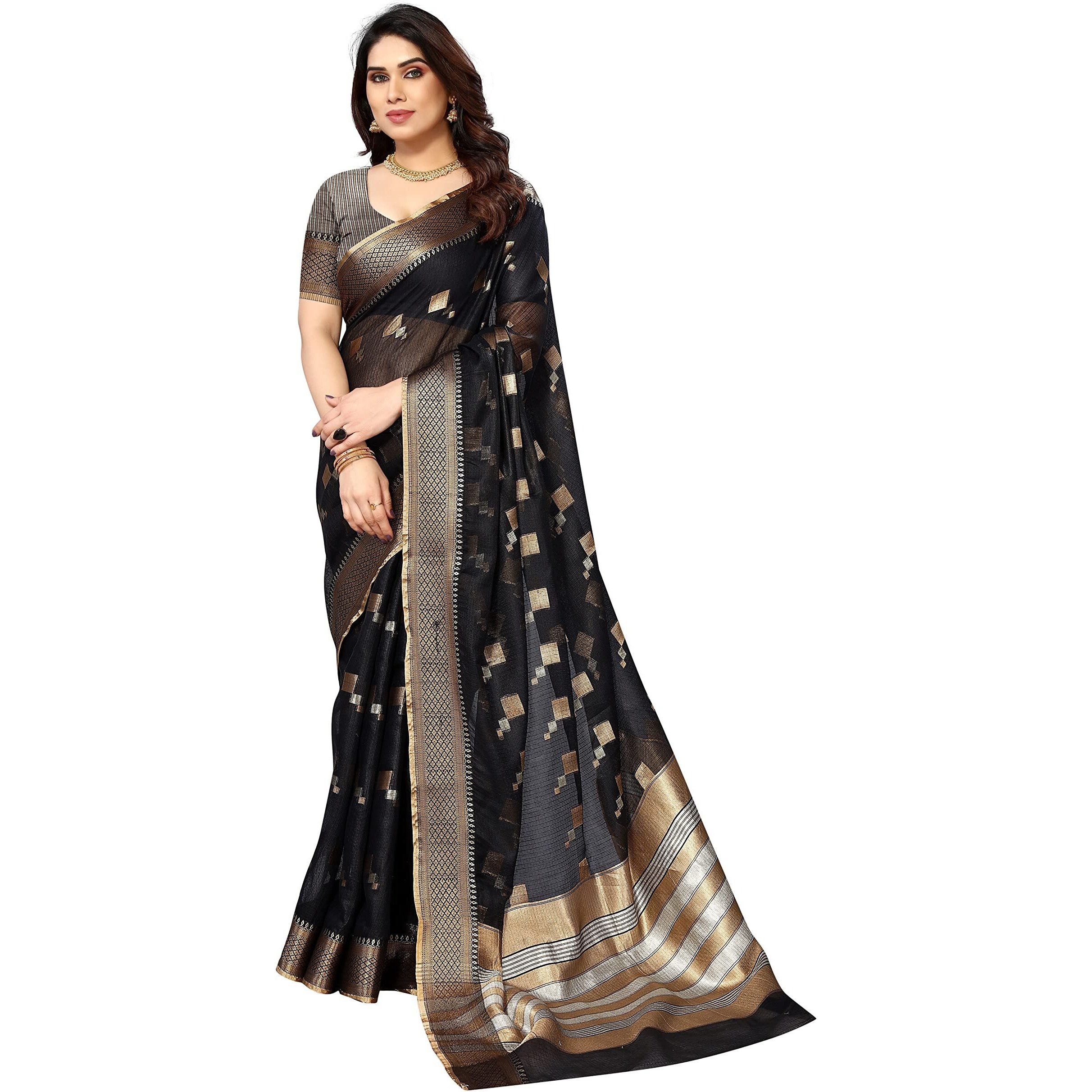 Sidhidata Womens Kota Doria Cotton Manipuri Jacquard Boarder Saree With Unstitched Blouse Piece (Box Butta Black_Black_Free Size)