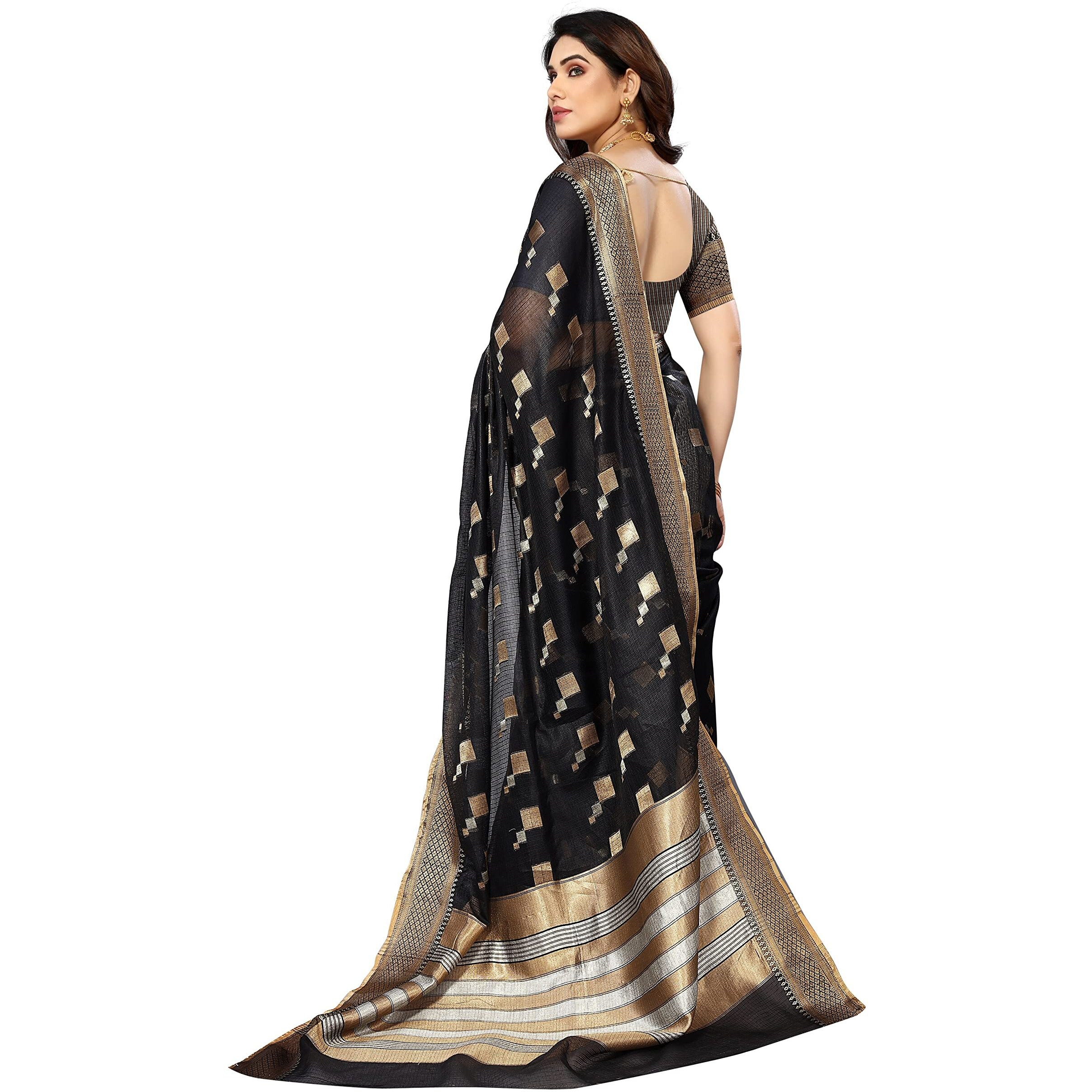 Sidhidata Womens Kota Doria Cotton Manipuri Jacquard Boarder Saree With Unstitched Blouse Piece (Box Butta Black_Black_Free Size)