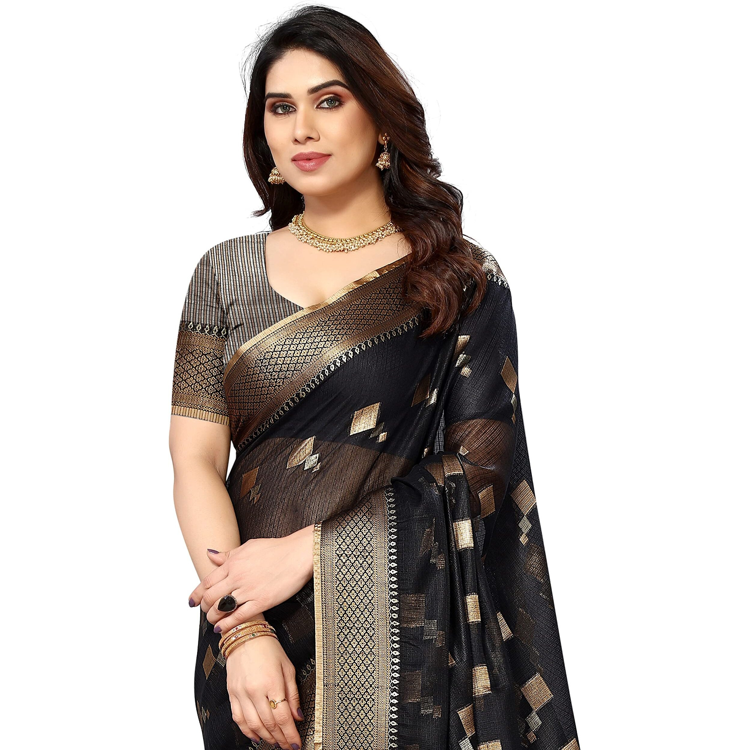 Sidhidata Womens Kota Doria Cotton Manipuri Jacquard Boarder Saree With Unstitched Blouse Piece (Box Butta Black_Black_Free Size)